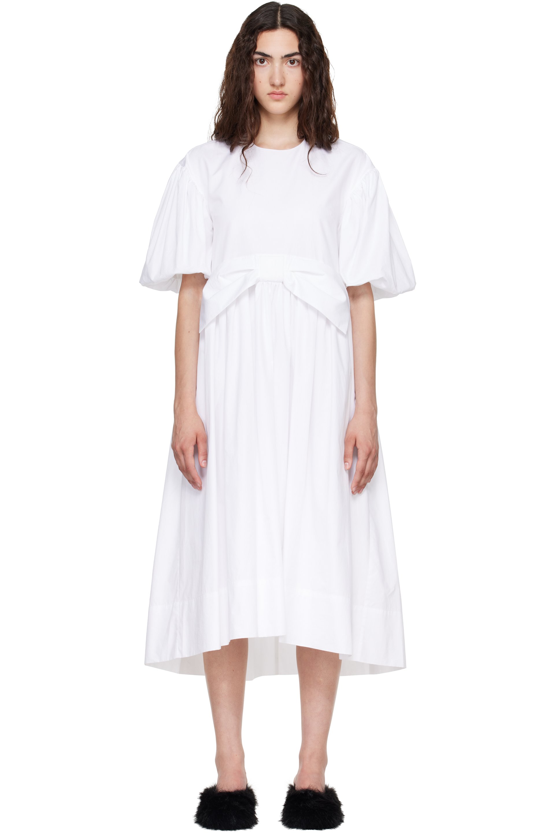 Simone Rocha - ホワイト パフスリーブ ギャザー リボン スモッキング ミディアムワンピース