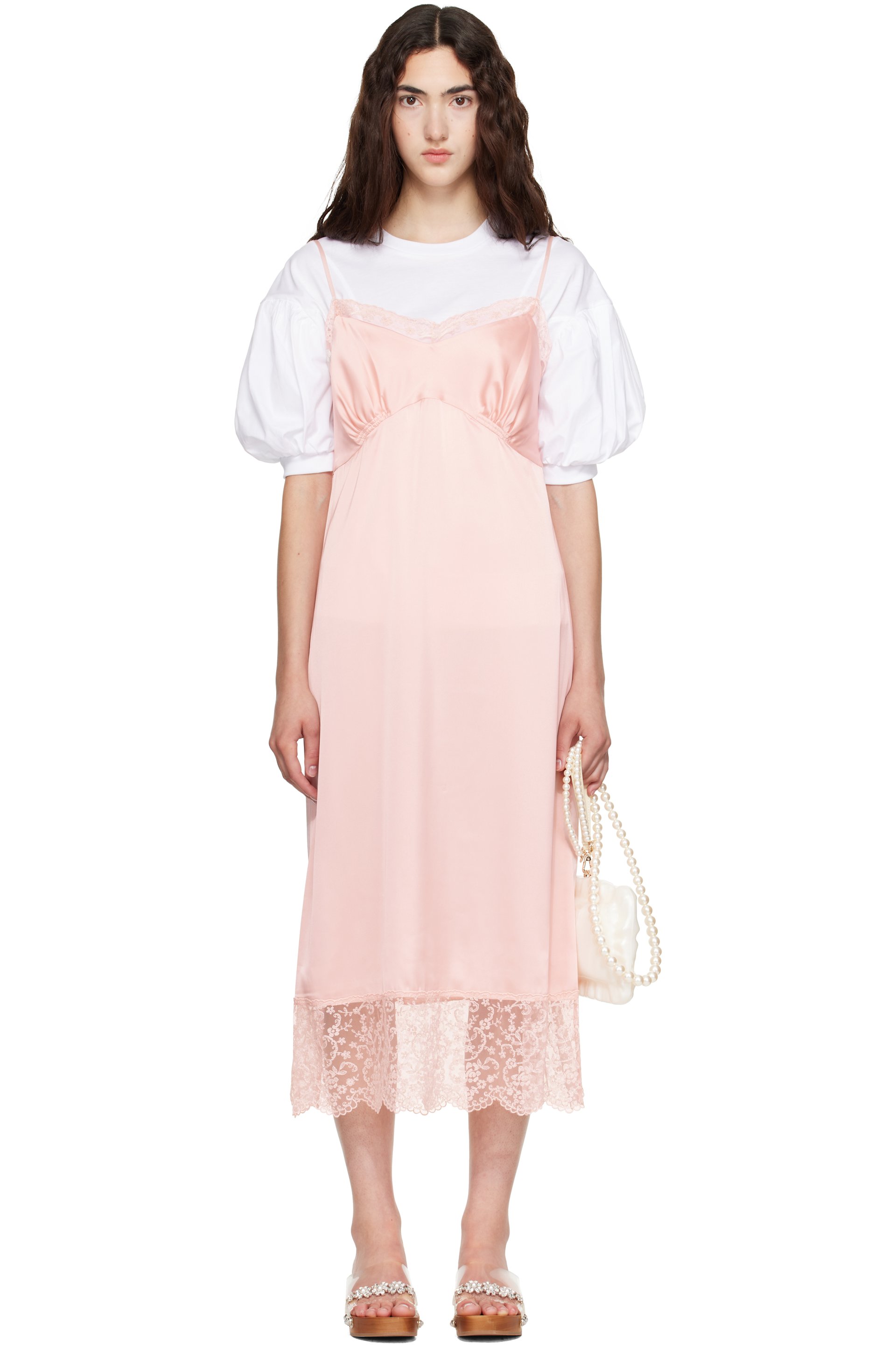 Simone Rocha - Pink Lace Trim Slip Midi Dress