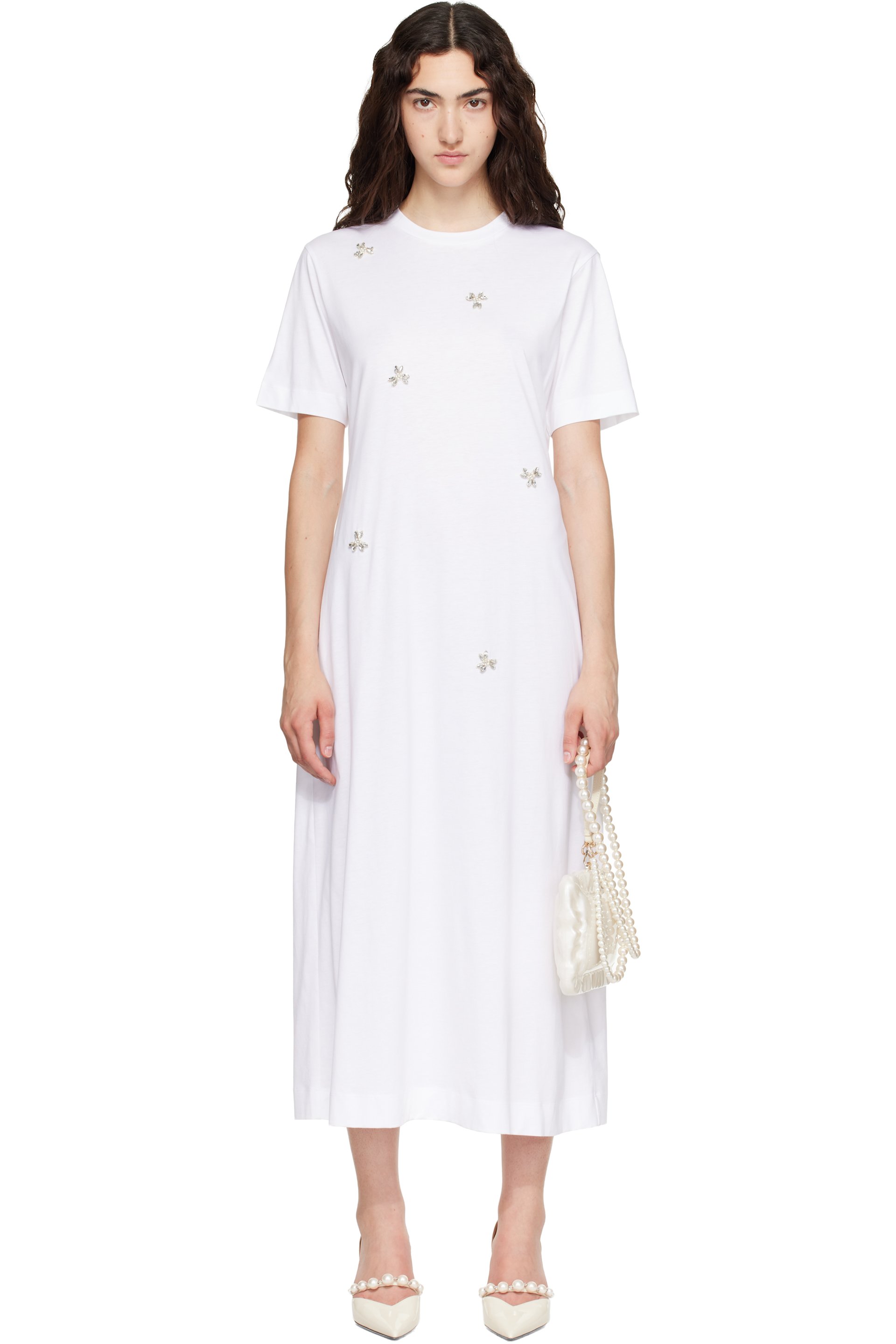 Simone Rocha - White Easy Embellished T-shirt Midi Dress