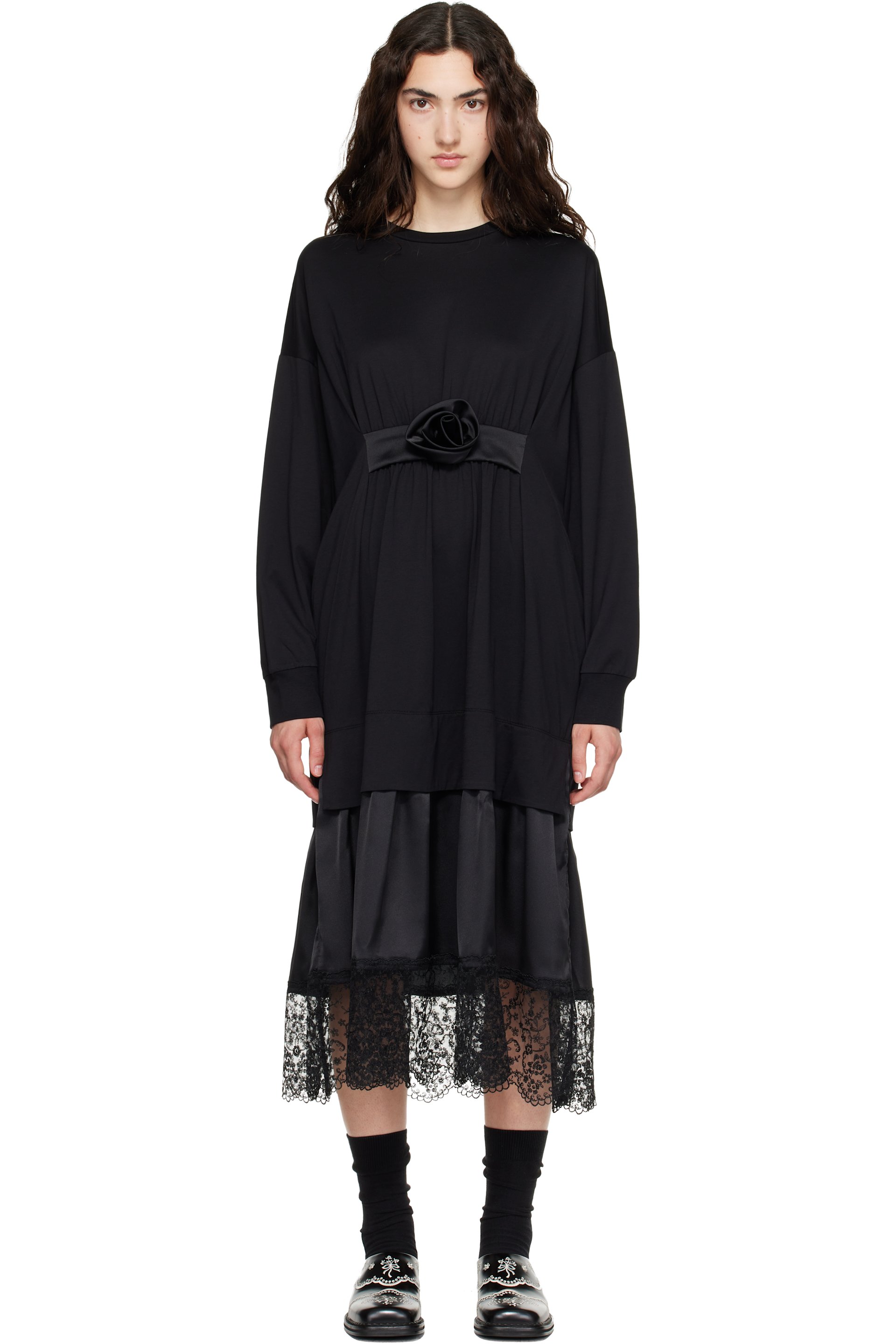 Simone Rocha - Black Oversized Gathered Rose Lace Trim Midi Dress