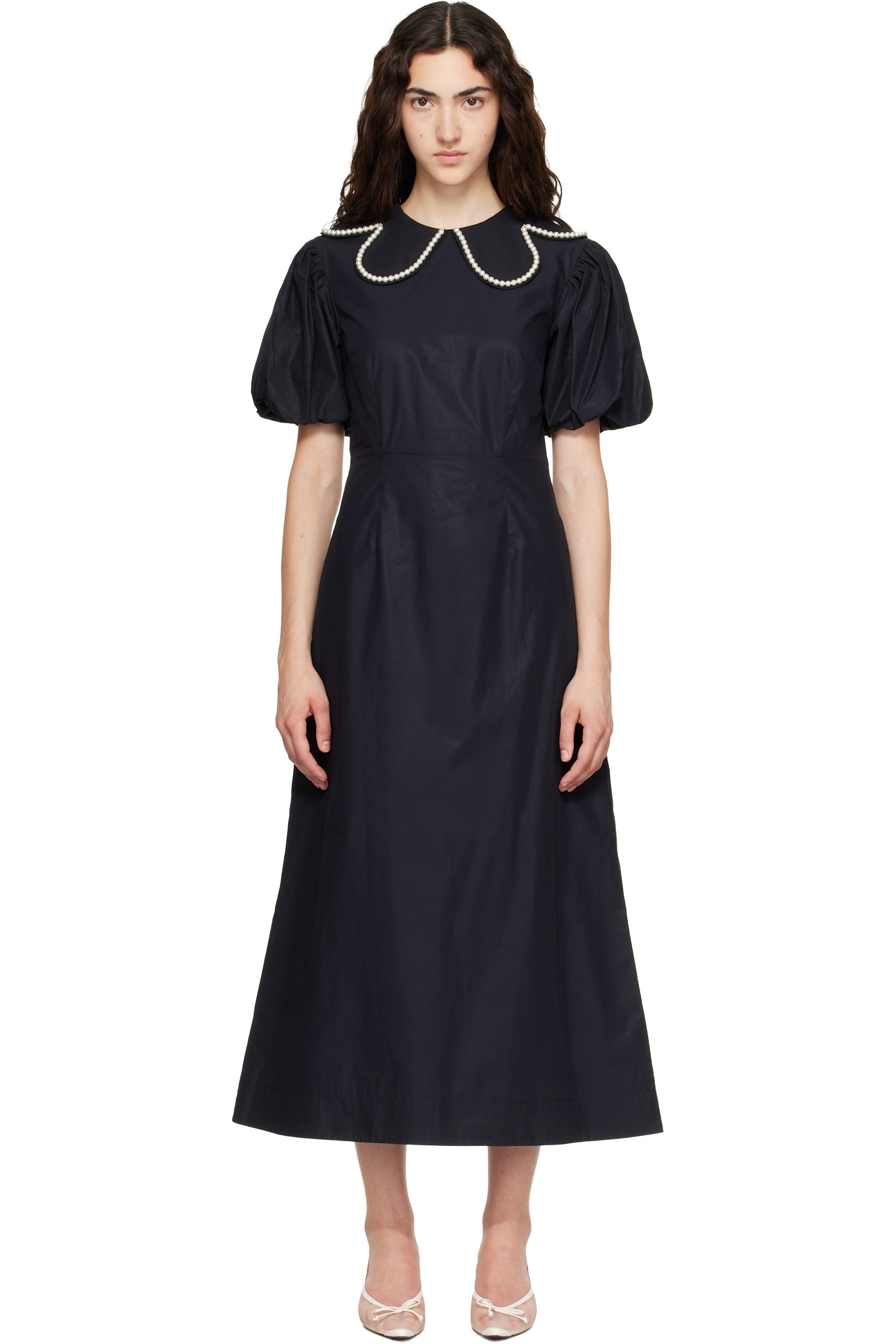 Simone Rocha - Black Puff Sleeve Petal Collar Midi Dress