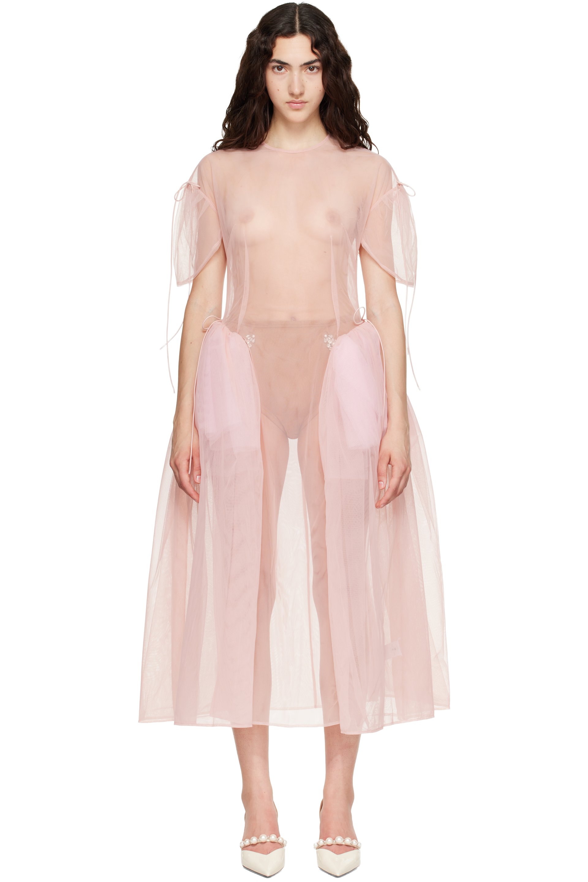 Simone Rocha - Pink Puff Sleeve Cord Hip Midi Dress