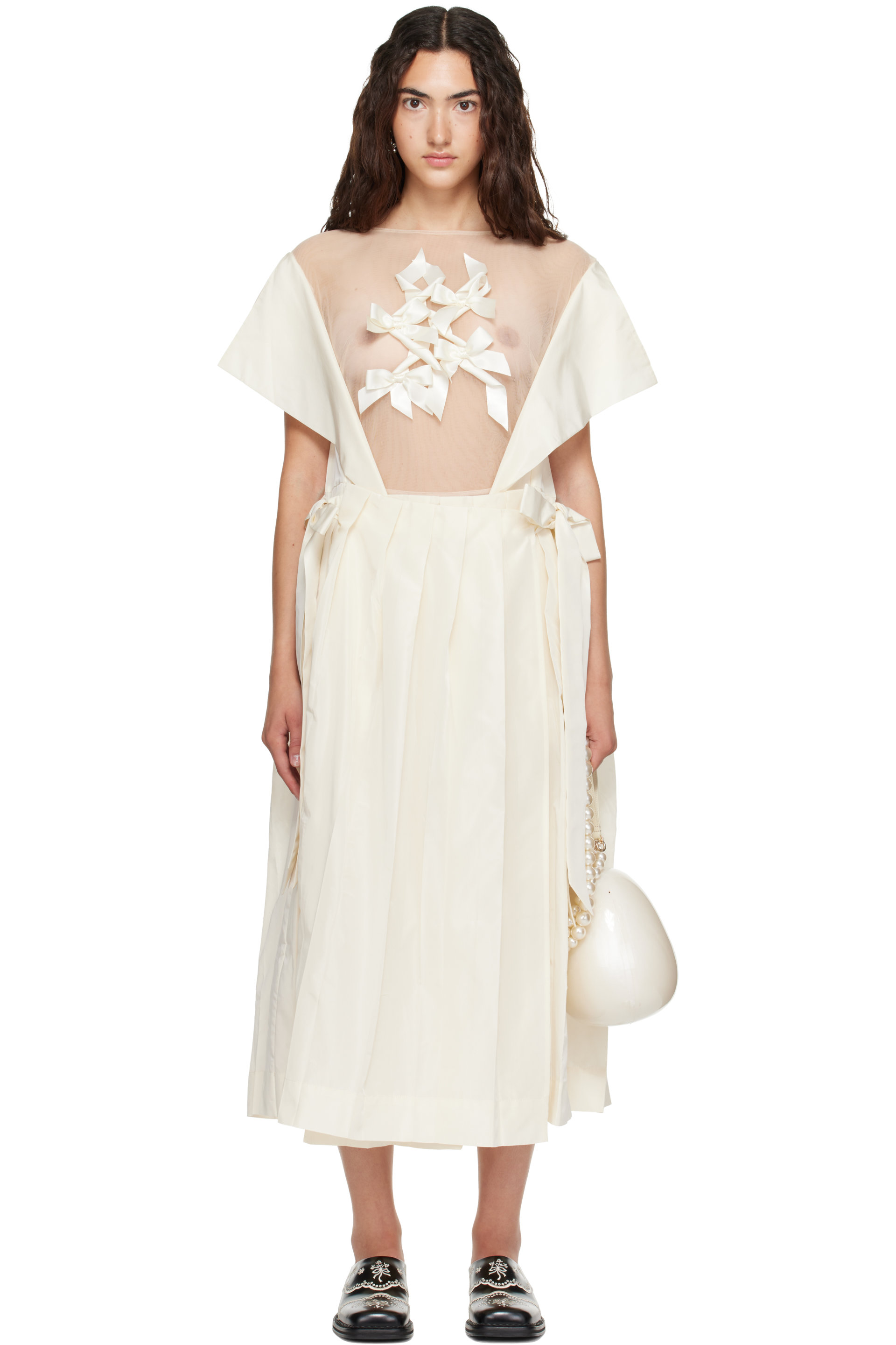 Simone Rocha - Off-White Pleated Sheer Ribbon Panel Maxi Dress