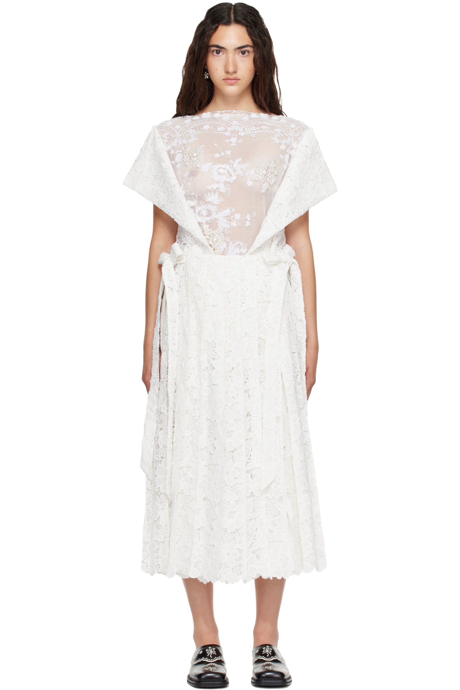 Simone Rocha - White Pleated Sheer Panel Flared Maxi Dress