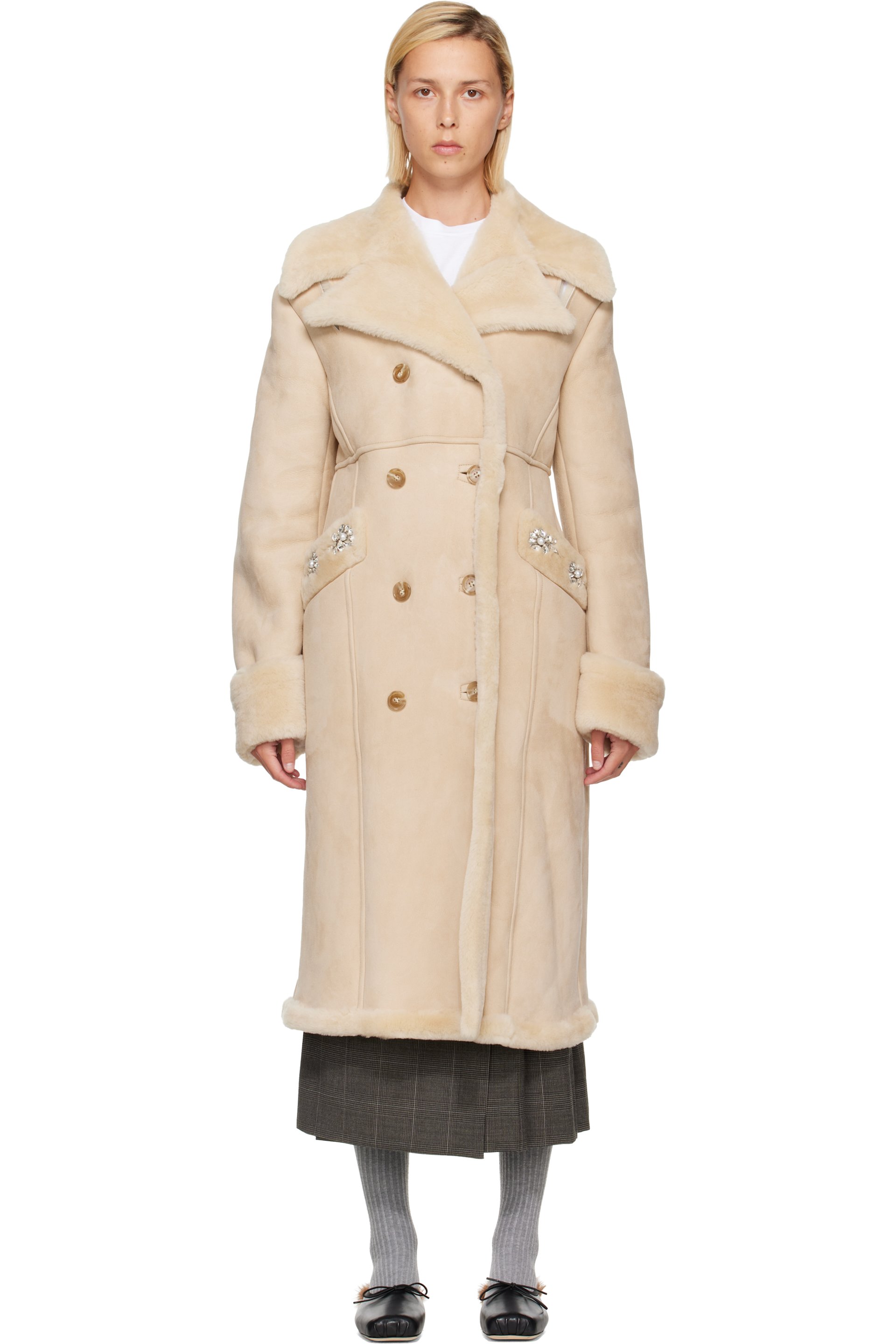 Simone Rocha - Beige Embellished Sheepskin Slash Shearling Coat