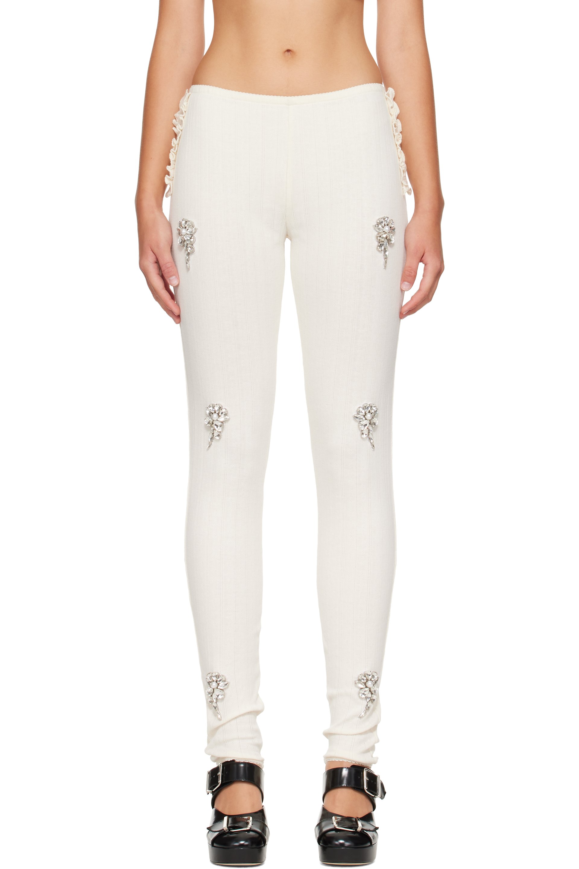 Simone Rocha - Legging blanc cassé en pointelle à volants et à cristaux