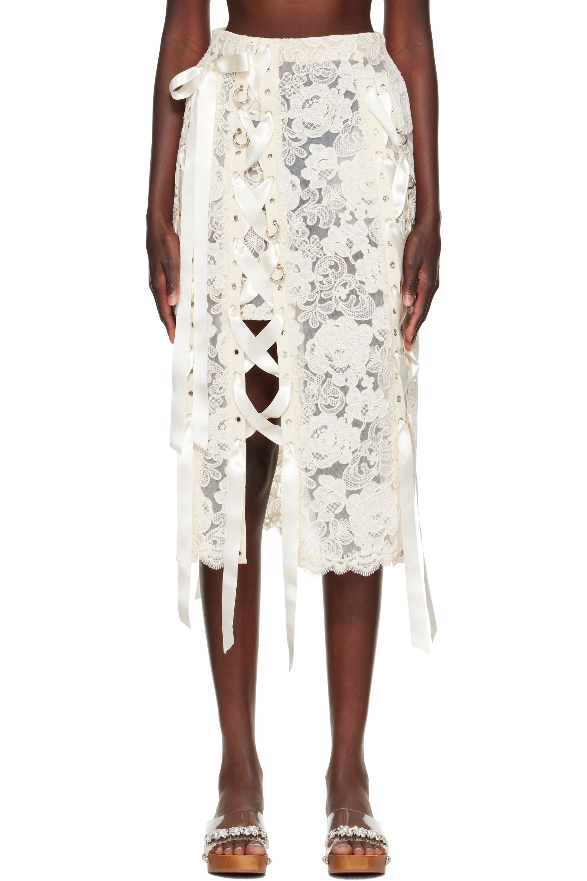 Simone Rocha - Off-White Unraveling Ribbon Ring Midi Skirt