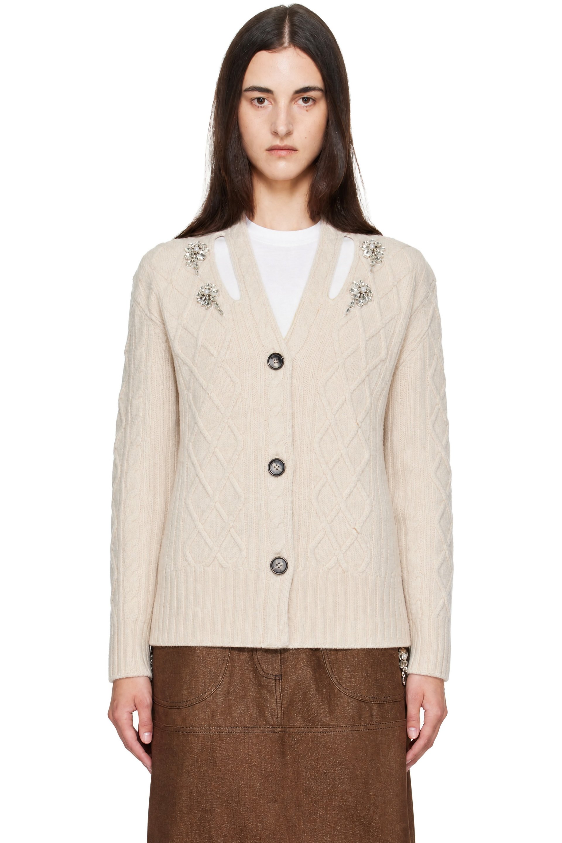 Simone Rocha - Beige Embellished Cable Knit Slash Cardigan