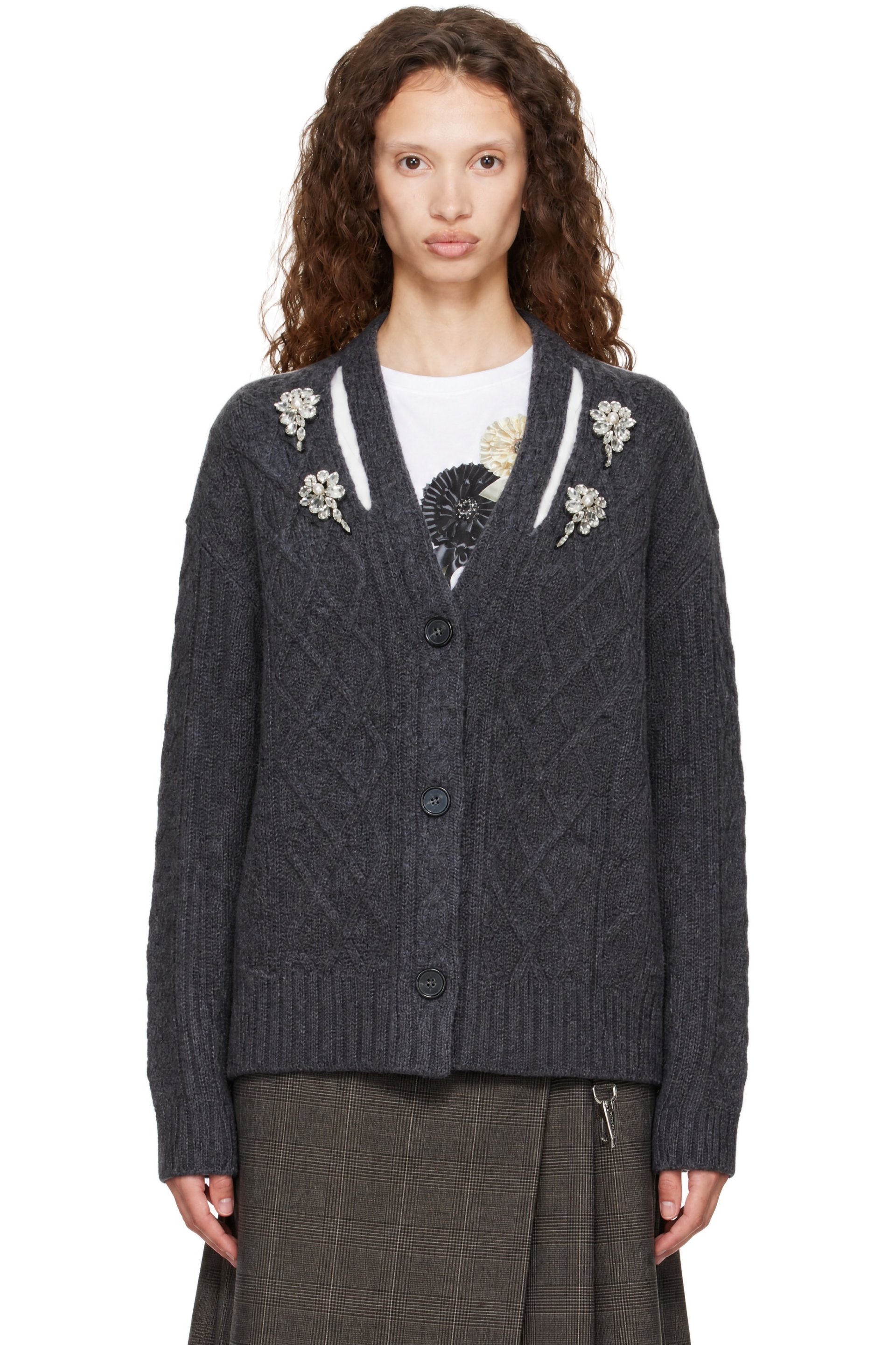 Simone Rocha - Gray Embellished Cable Knit Slash Cardigan