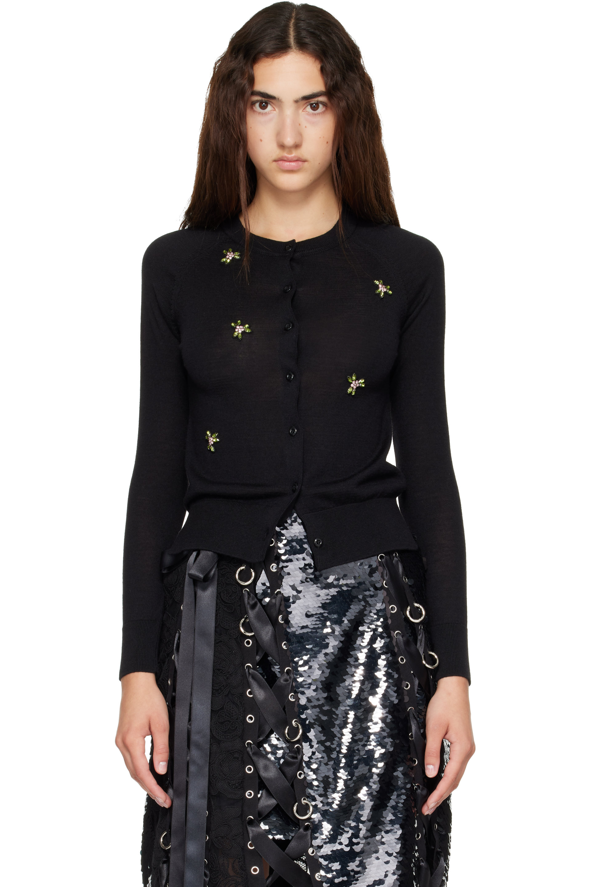 Simone Rocha - Black Turbo Embellished Classic Merino Silk Cardigan