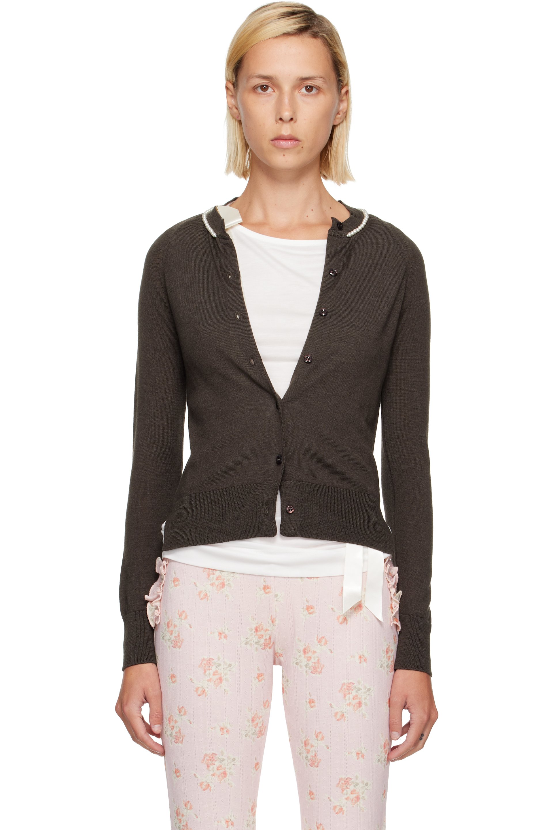 Simone Rocha - Cardigan brun en laine et soie