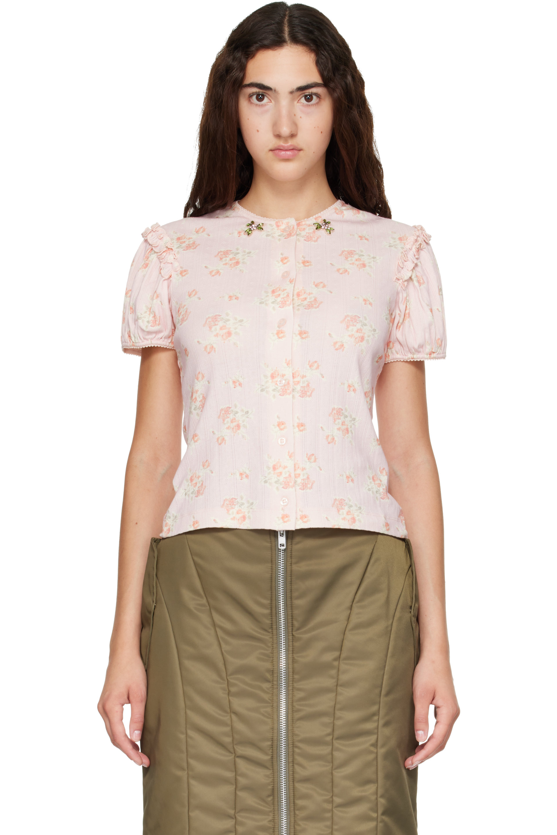 Simone Rocha - Pink Embellished Pointelle Puff Sleeve Cardigan