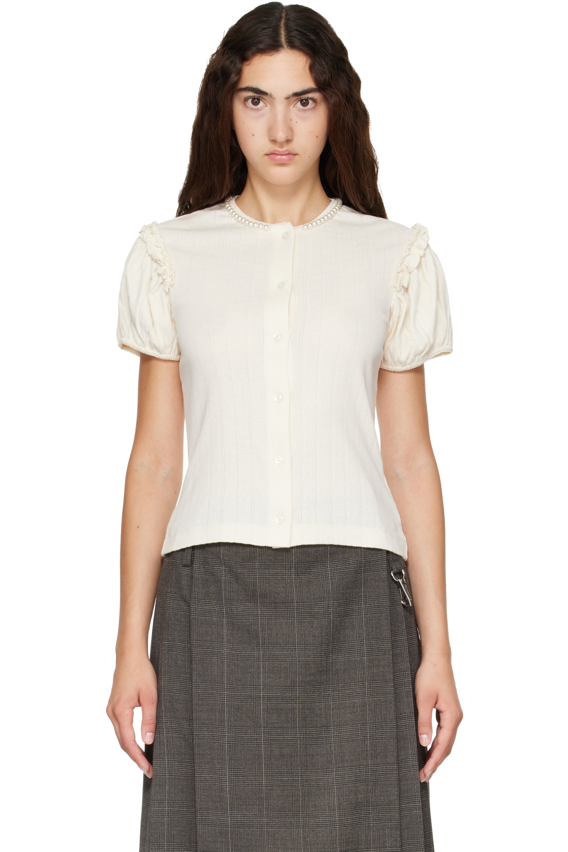 Simone Rocha - Off-White Embellished Pointelle Puff Sleeve Cardigan