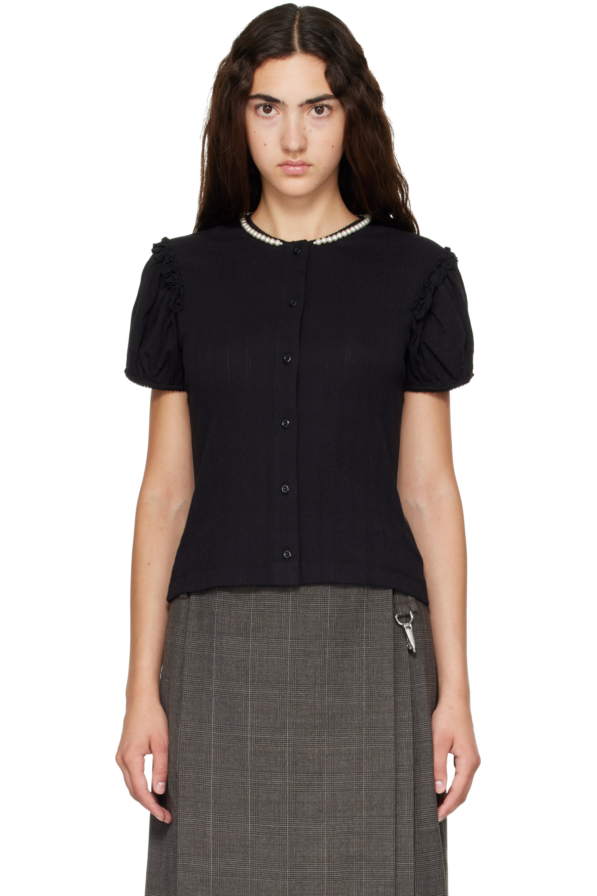 Simone Rocha - Black Embellished Pointelle Puff Sleeve Cardigan