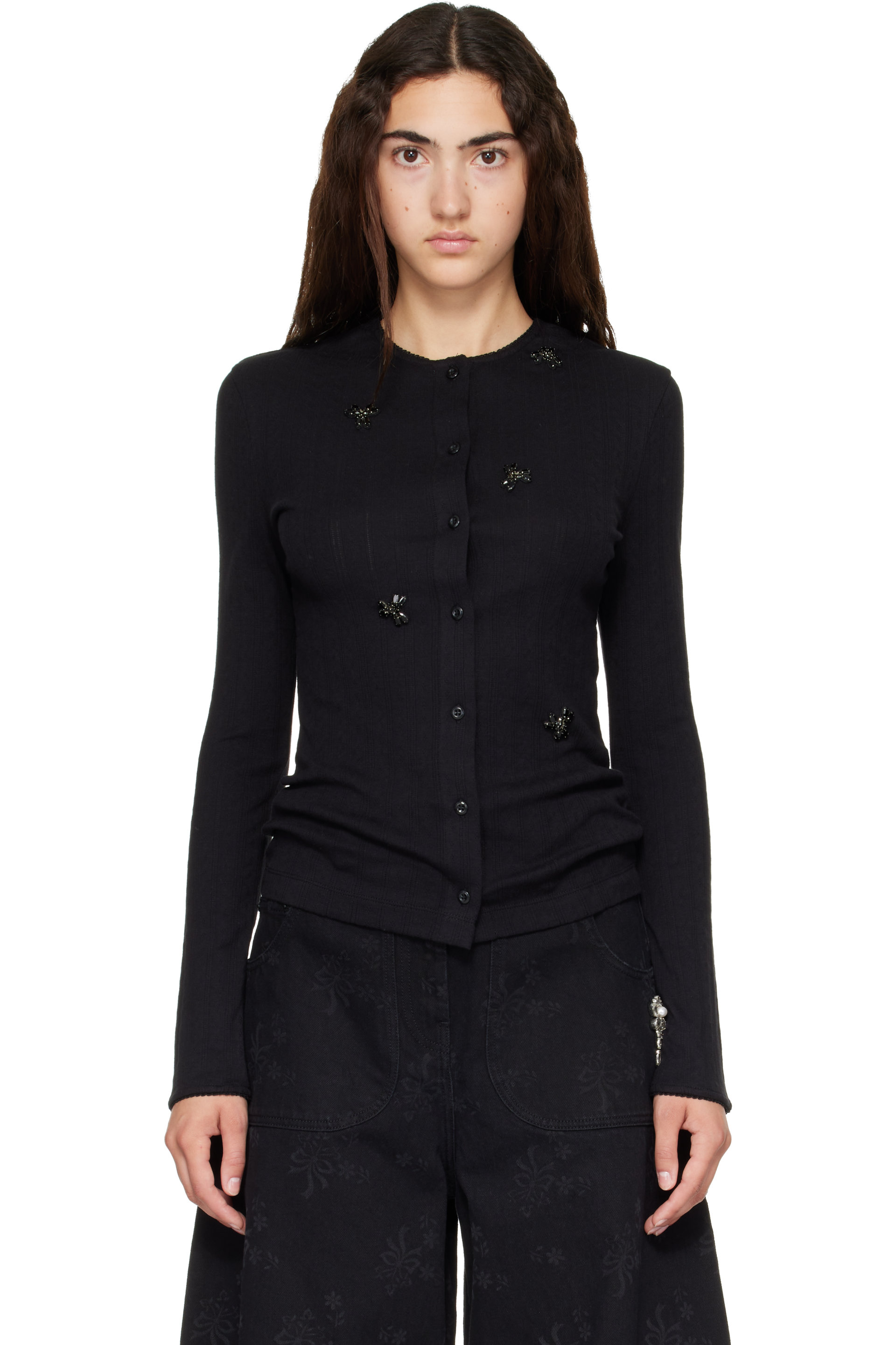 Simone Rocha - Black Turbo Embellished Pointelle Cardigan