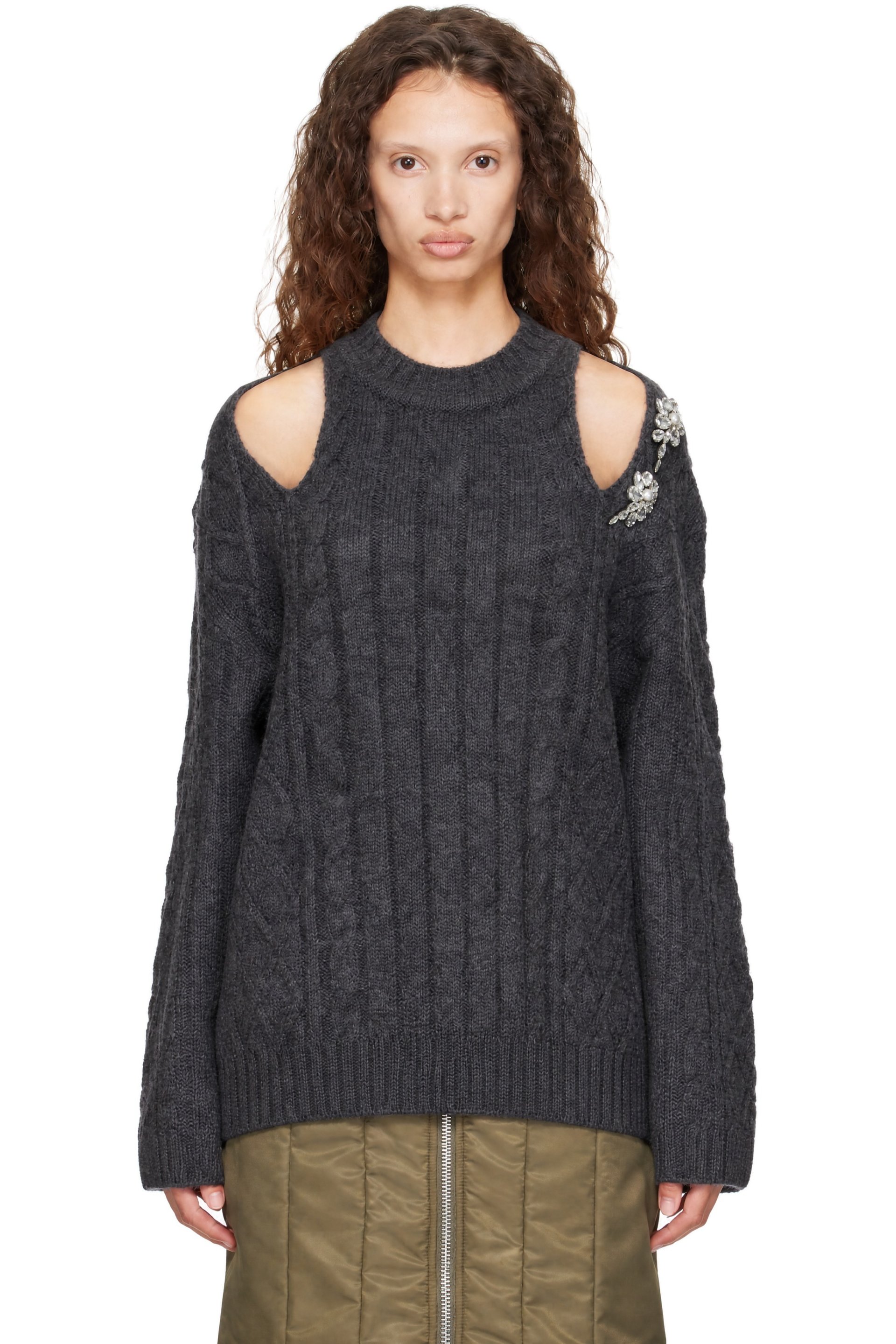Simone Rocha - Gray Cable Knit Slash Sweater