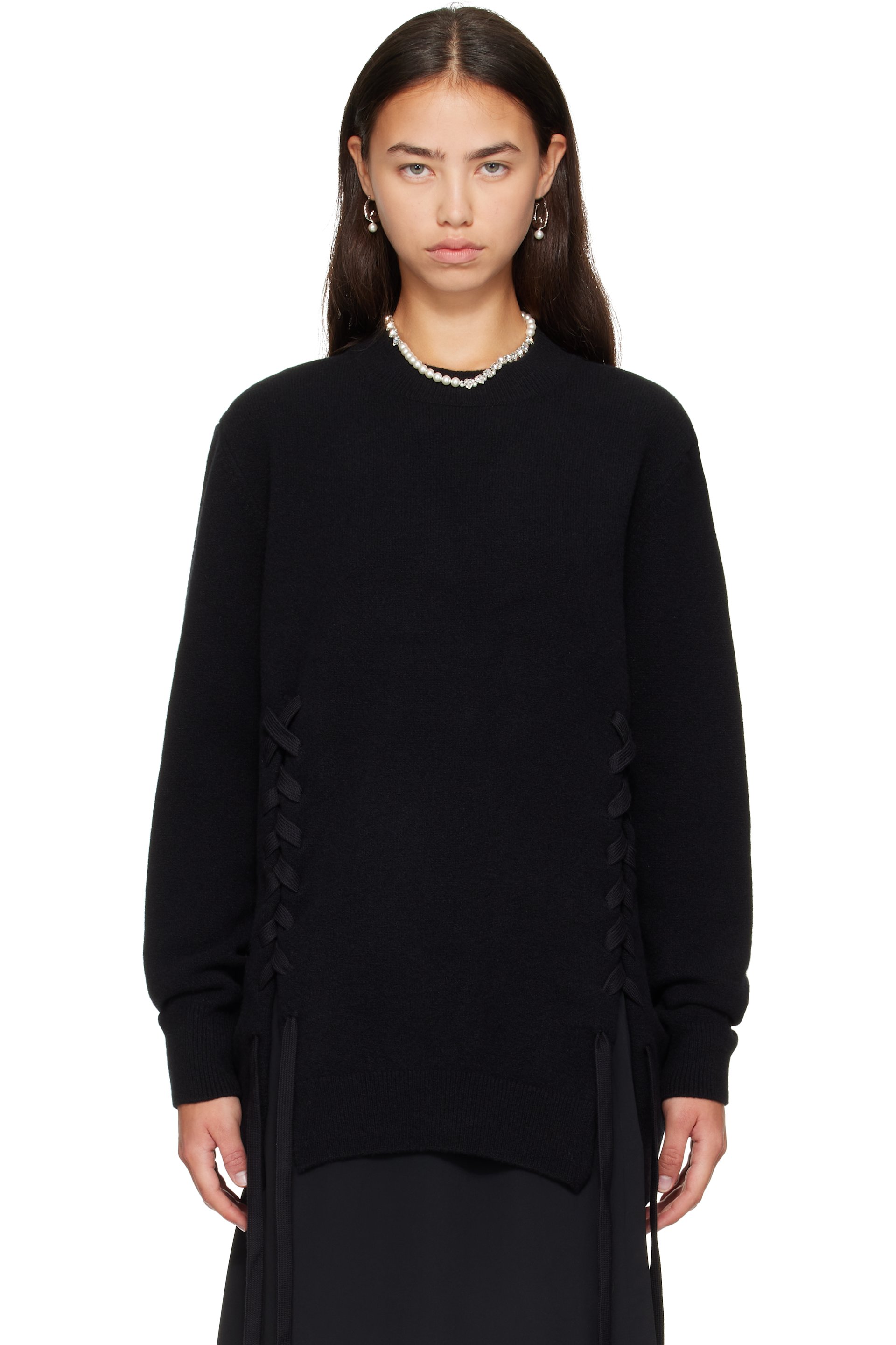 Simone Rocha - Pull noir en laine mérinos à laçages