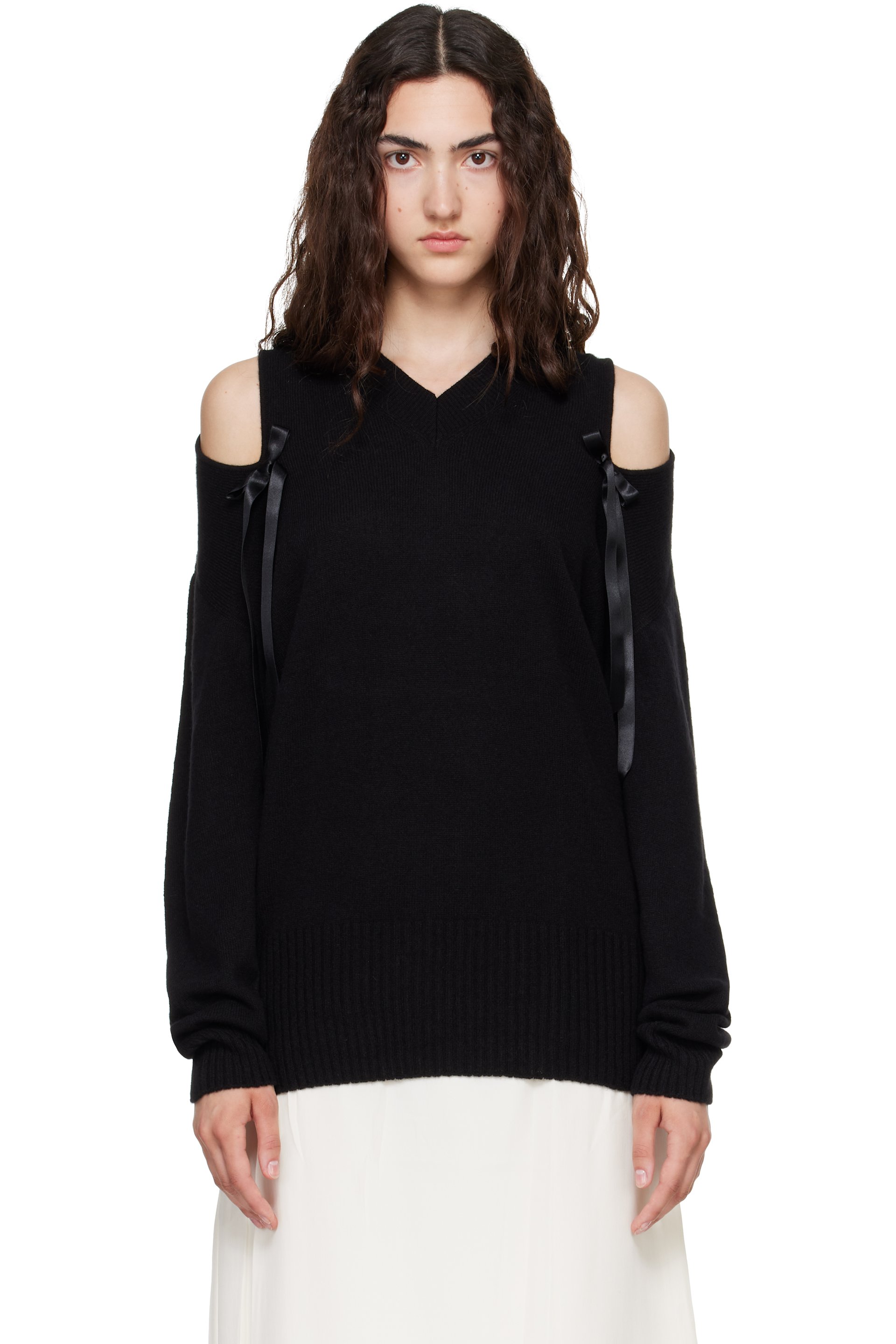 Simone Rocha - ブラック Relaxed Cashmere Slash Vネック リボン プルオーバー
