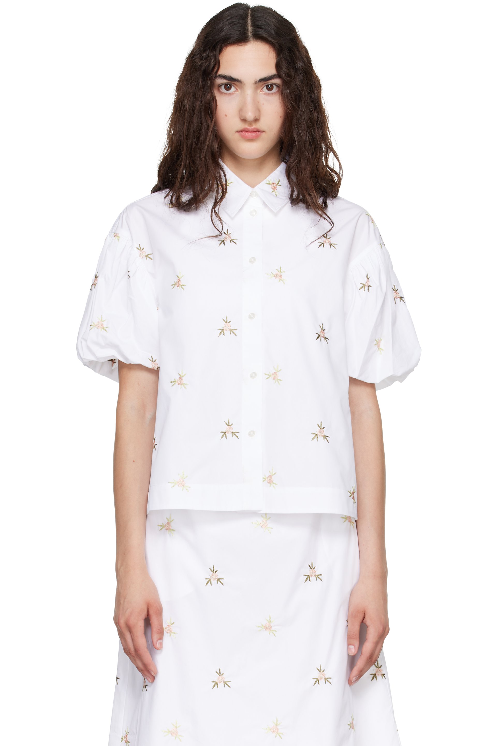 Simone Rocha - White Cropped Rosebud Puff Sleeve Lace Trim Shirt