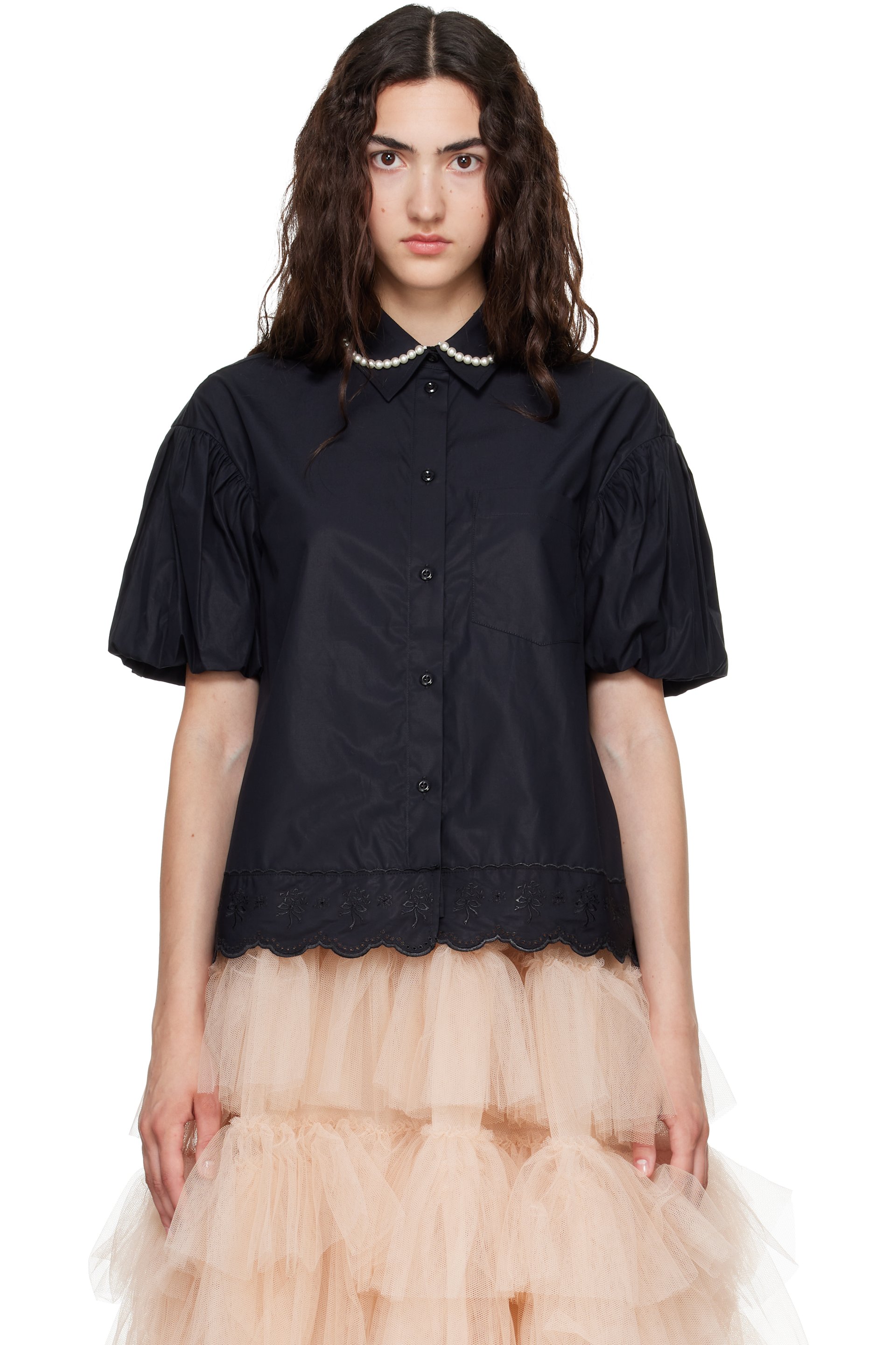 Simone Rocha - ブラック クロップド パフスリーブ レーストリム シャツ