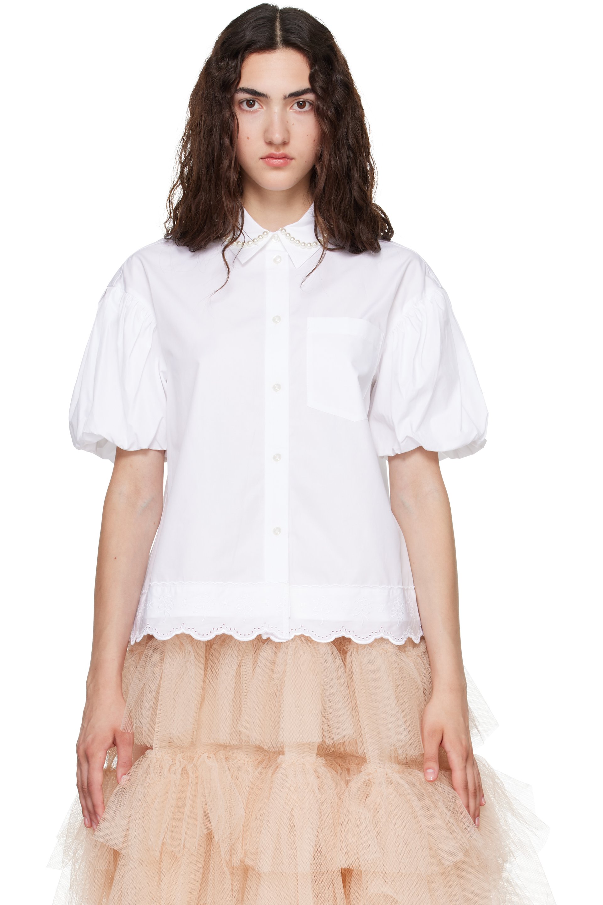Simone Rocha - ホワイト クロップド パフスリーブ レーストリム シャツ