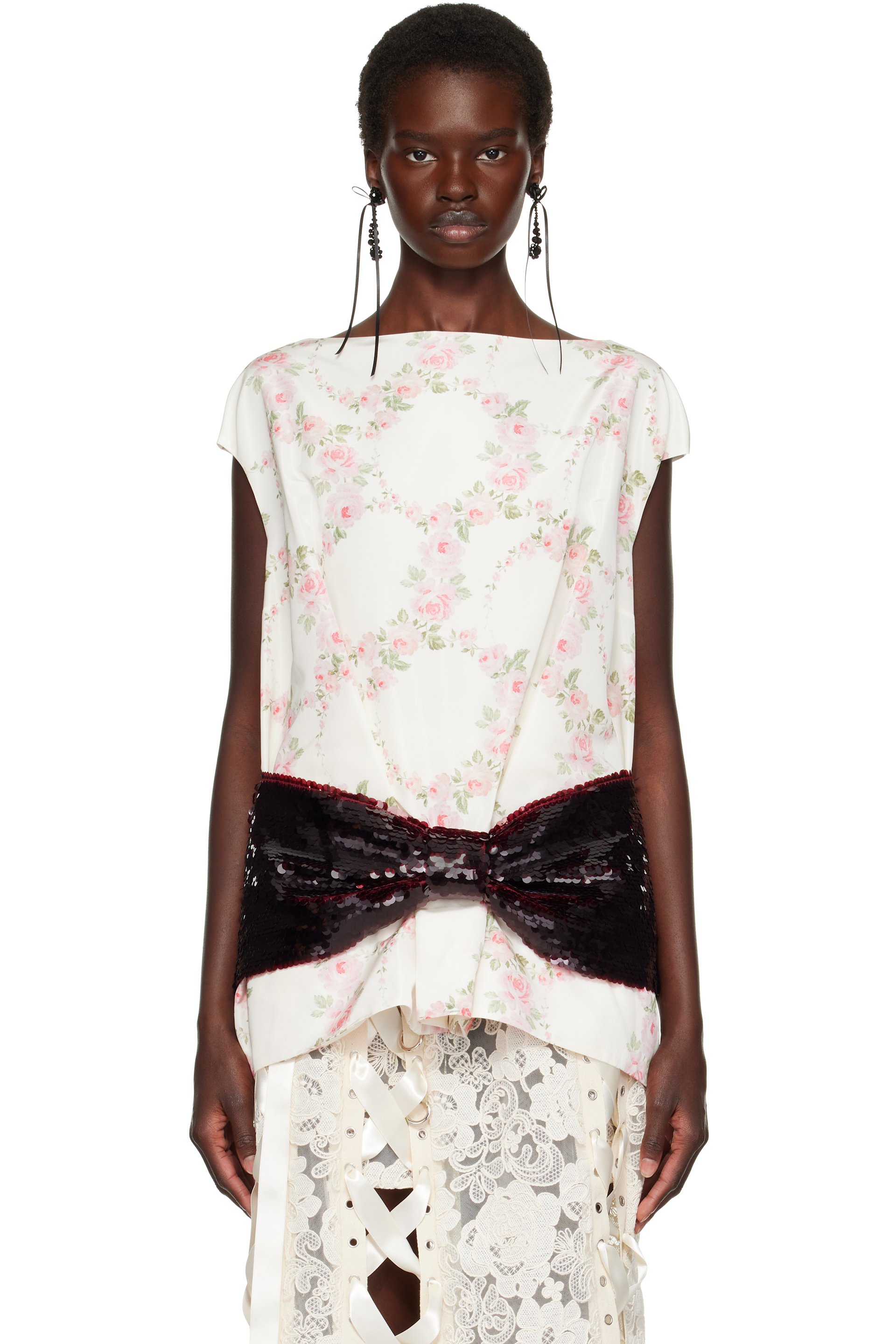 Simone Rocha - Off-White Boxy Peplum Sequin Bow Detail Top
