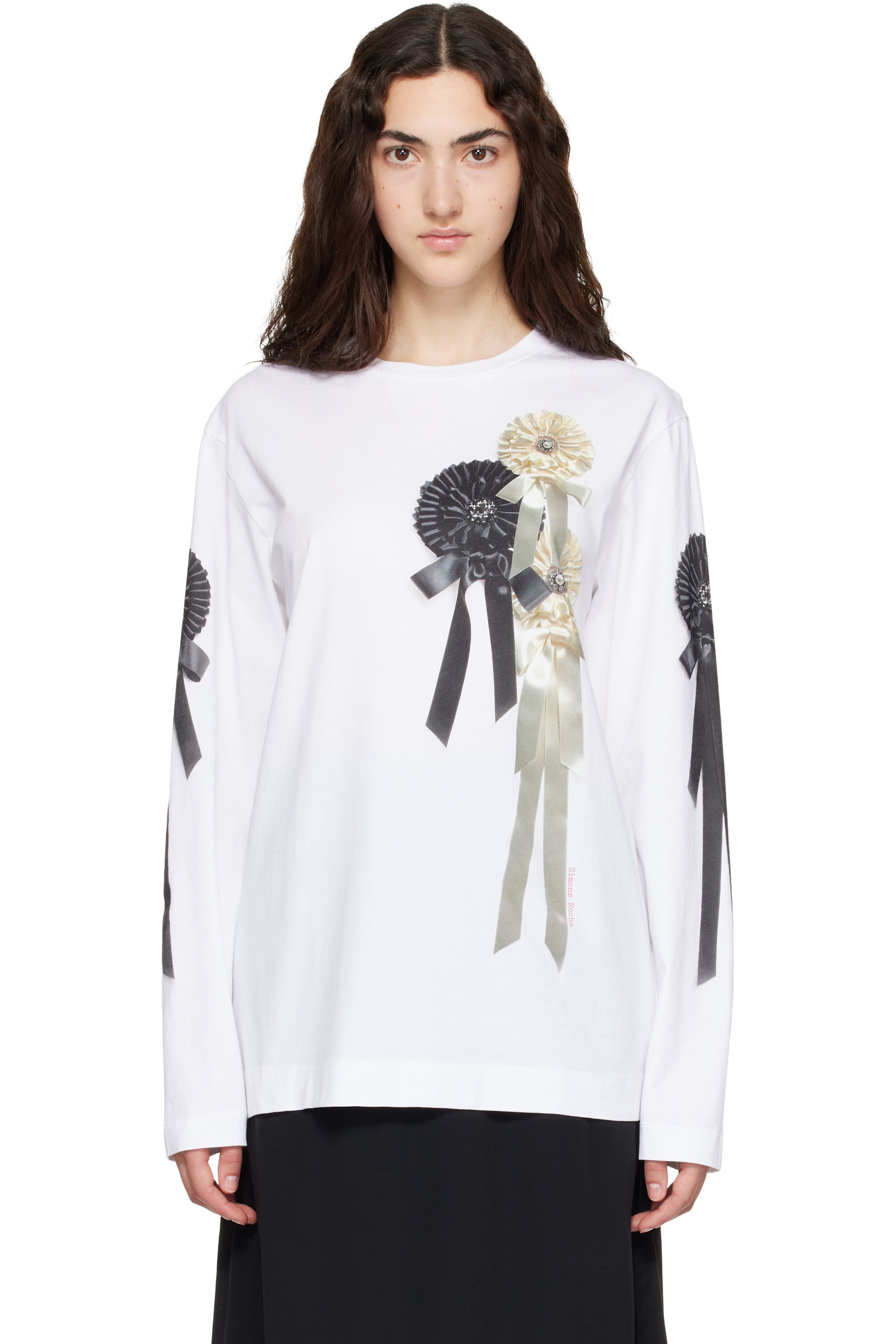 Simone Rocha - White Ribbon Rosette Print Long Sleeve T-shirt