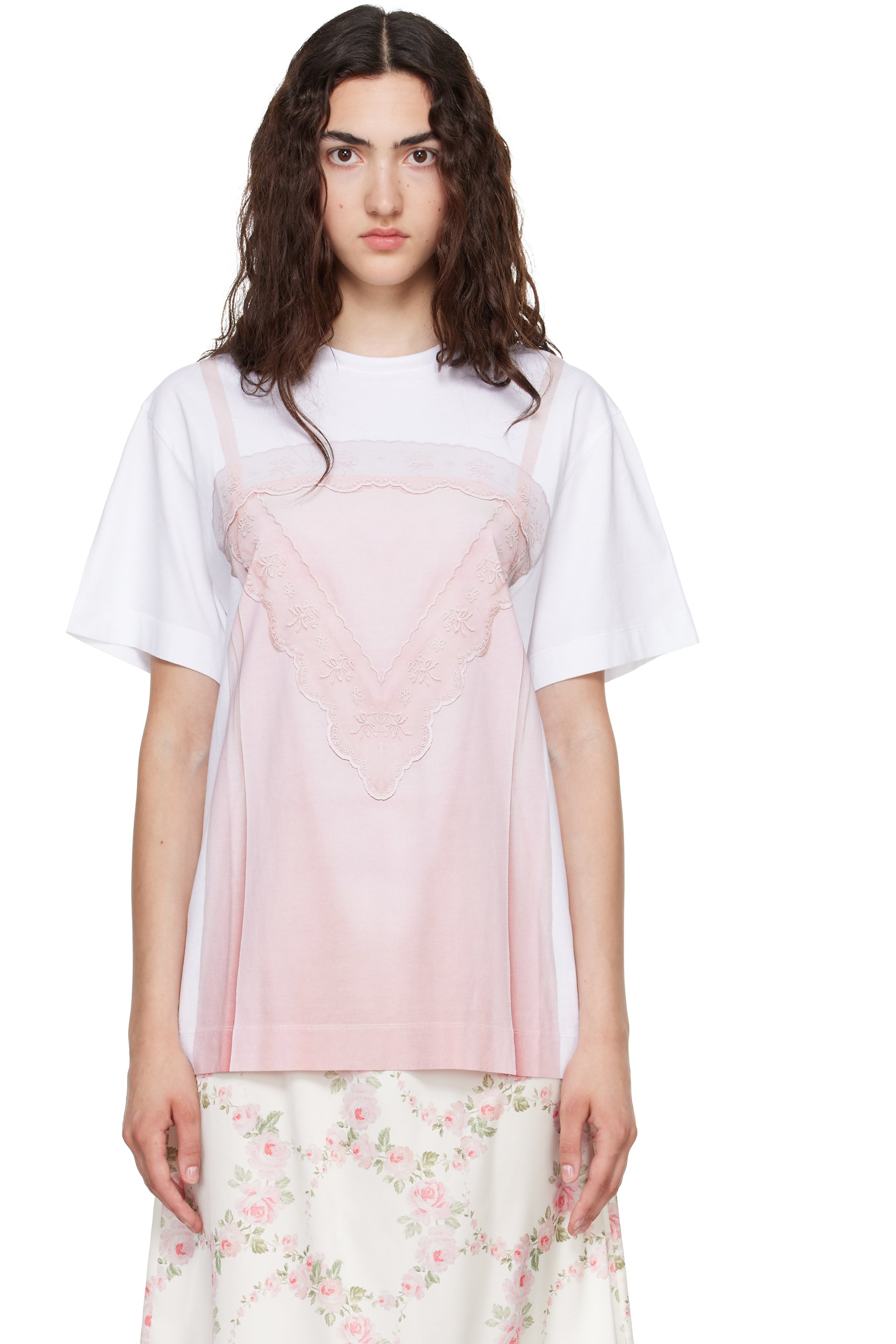 Simone Rocha - White & Pink Bow Sash Slip Dress Trompe L'Oeil Print T-shirt
