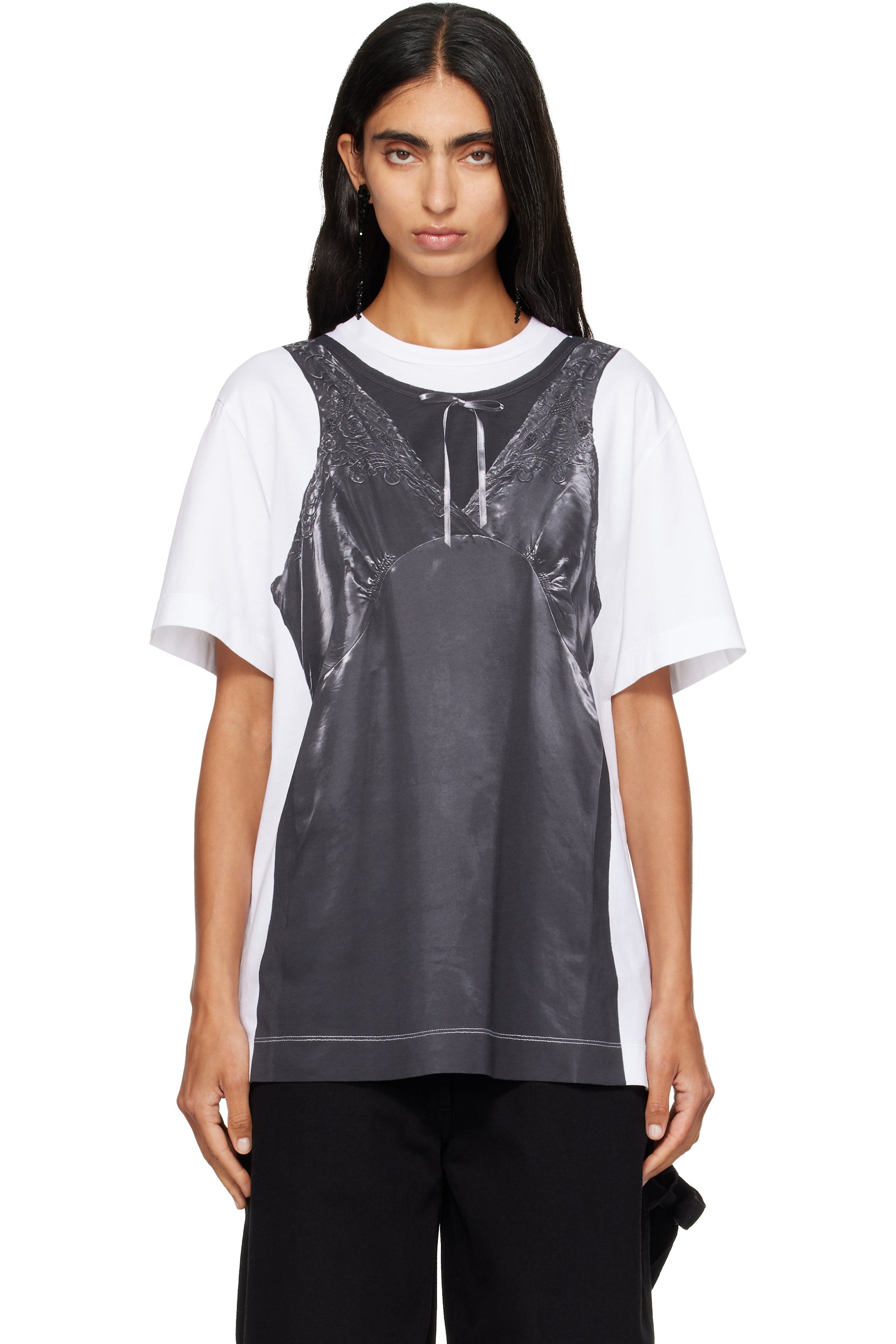 Simone Rocha - White & Black Patchwork Satin Trompe L'Oeil Print T-shirt