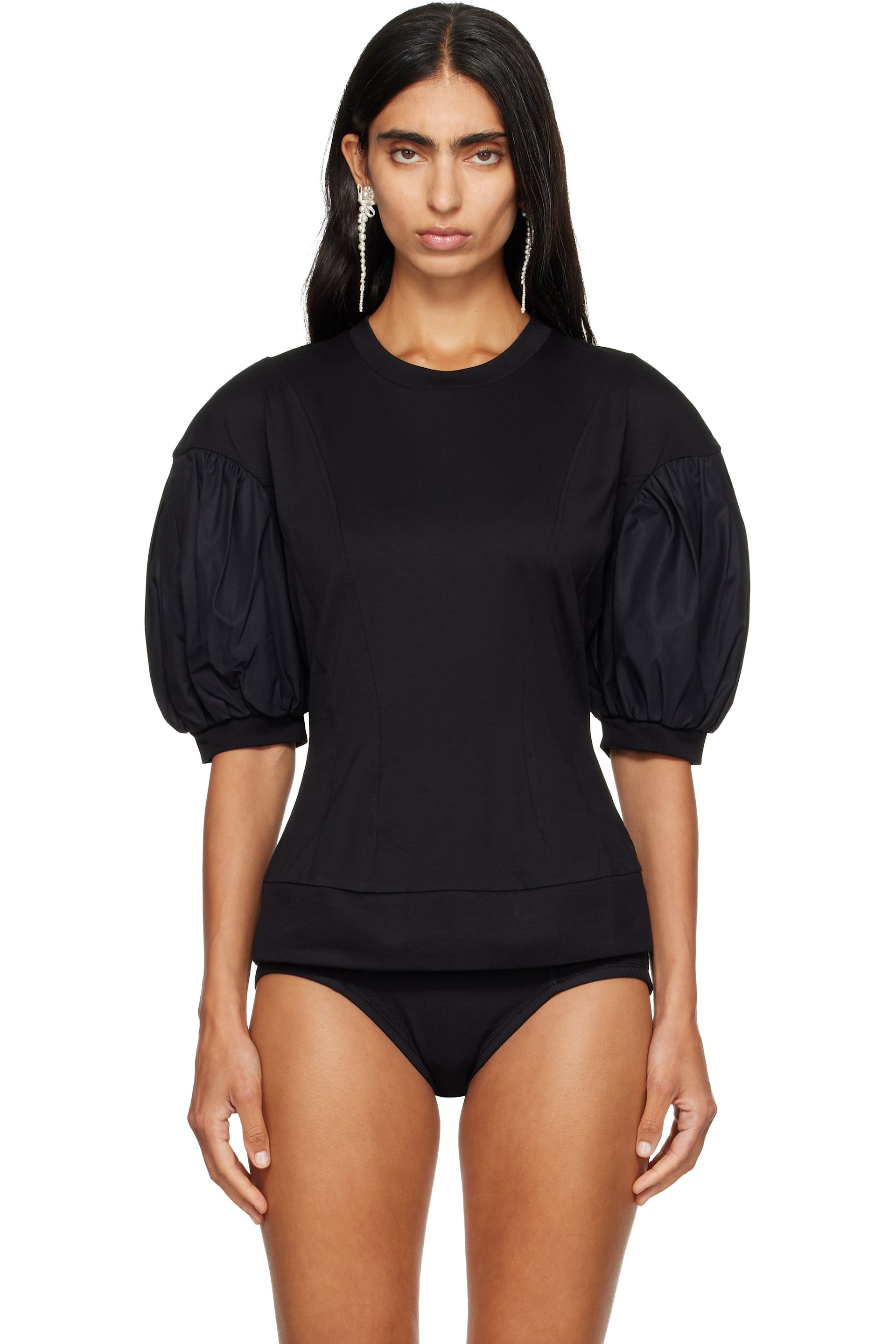 Simone Rocha - Black Puff Sleeve Sculpted Contrast T-shirt