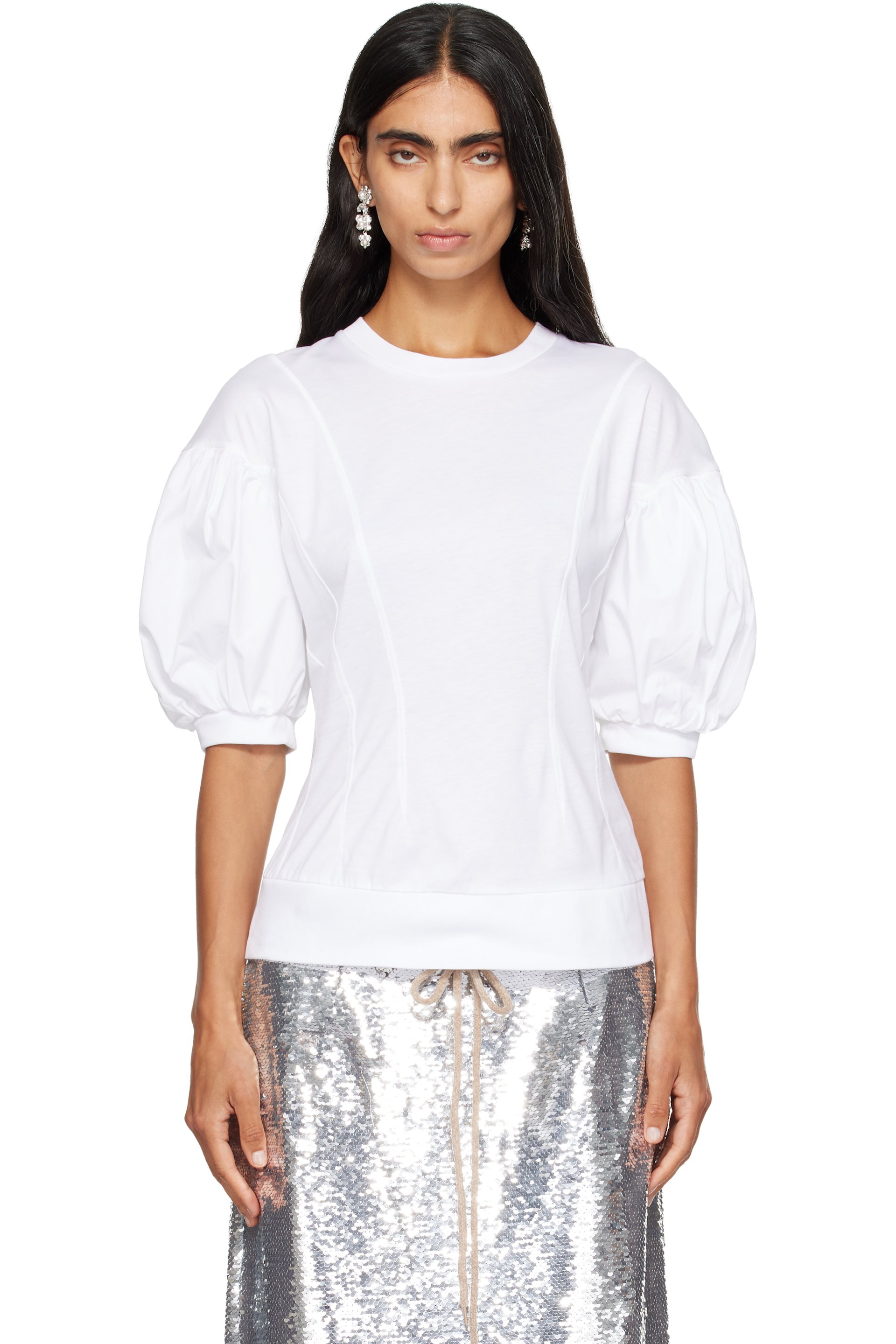 Simone Rocha - White Puff Sleeve Sculpted Contrast T-shirt
