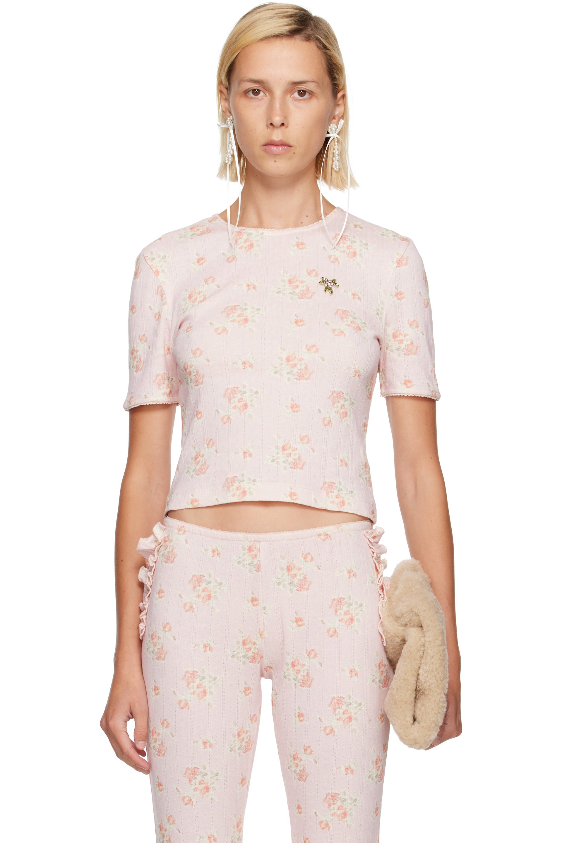 Simone Rocha - Pink Cropped Pointelle T-shirt