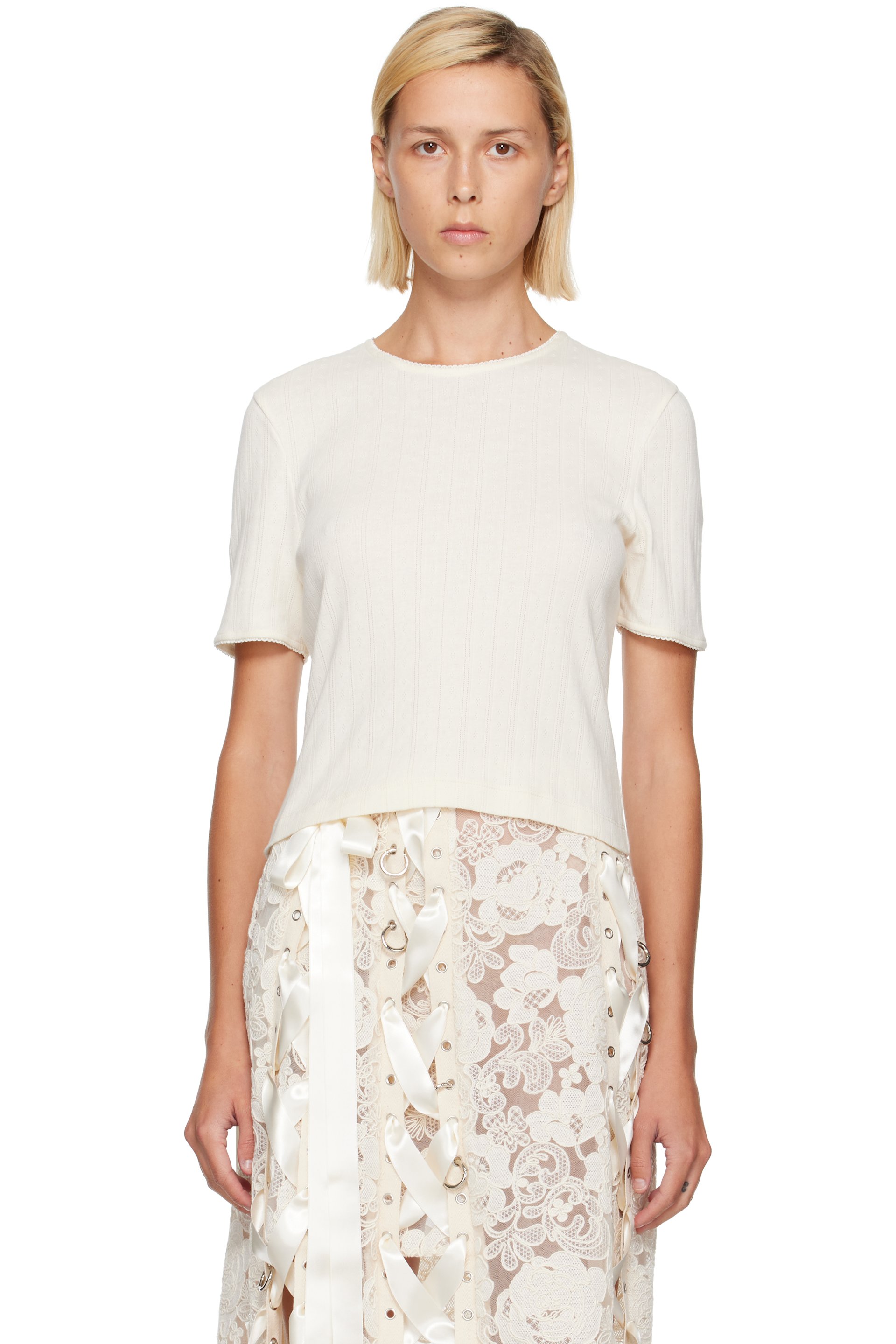 Simone Rocha - Off-White Cropped Pointelle T-shirt