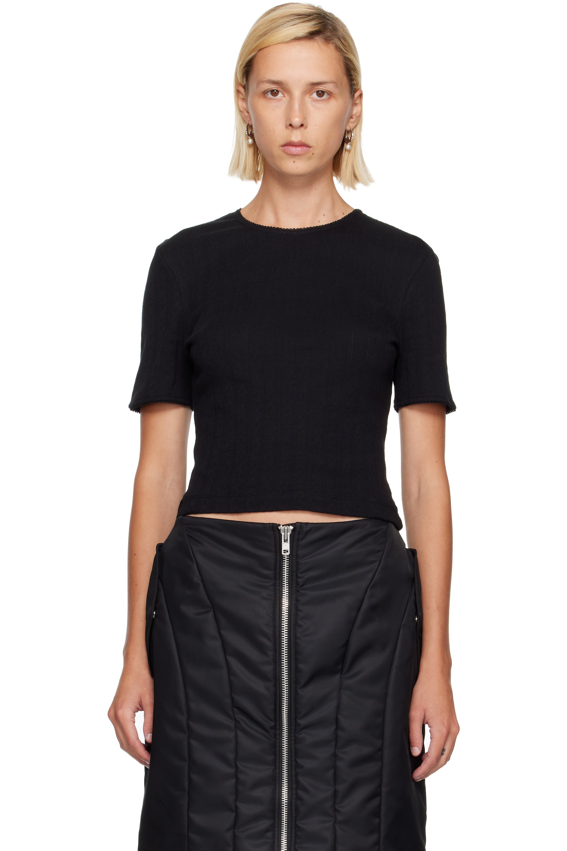 Simone Rocha - Black Cropped Pointelle T-shirt