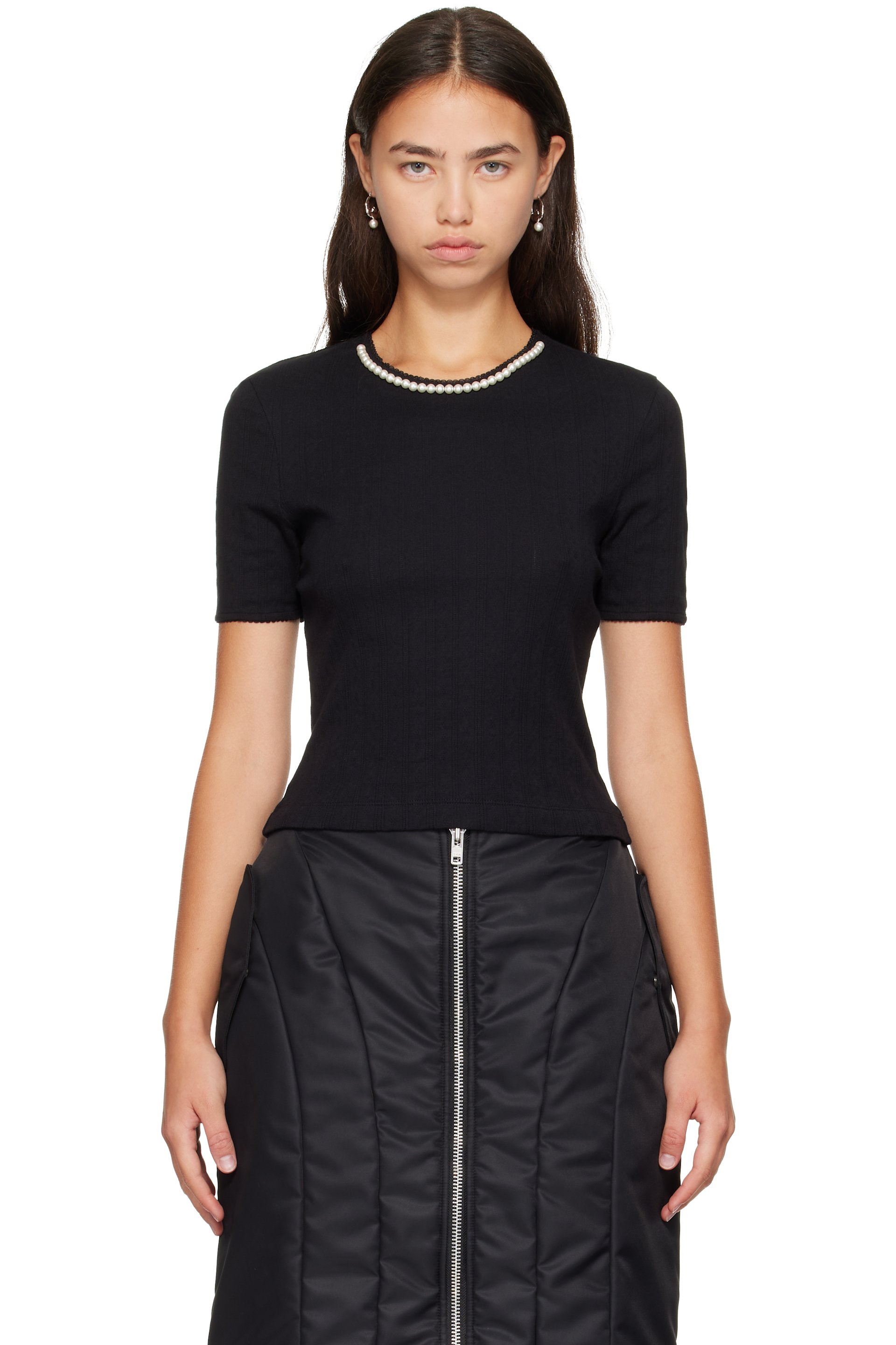 Simone Rocha - T-shirt écourté noir en pointelle