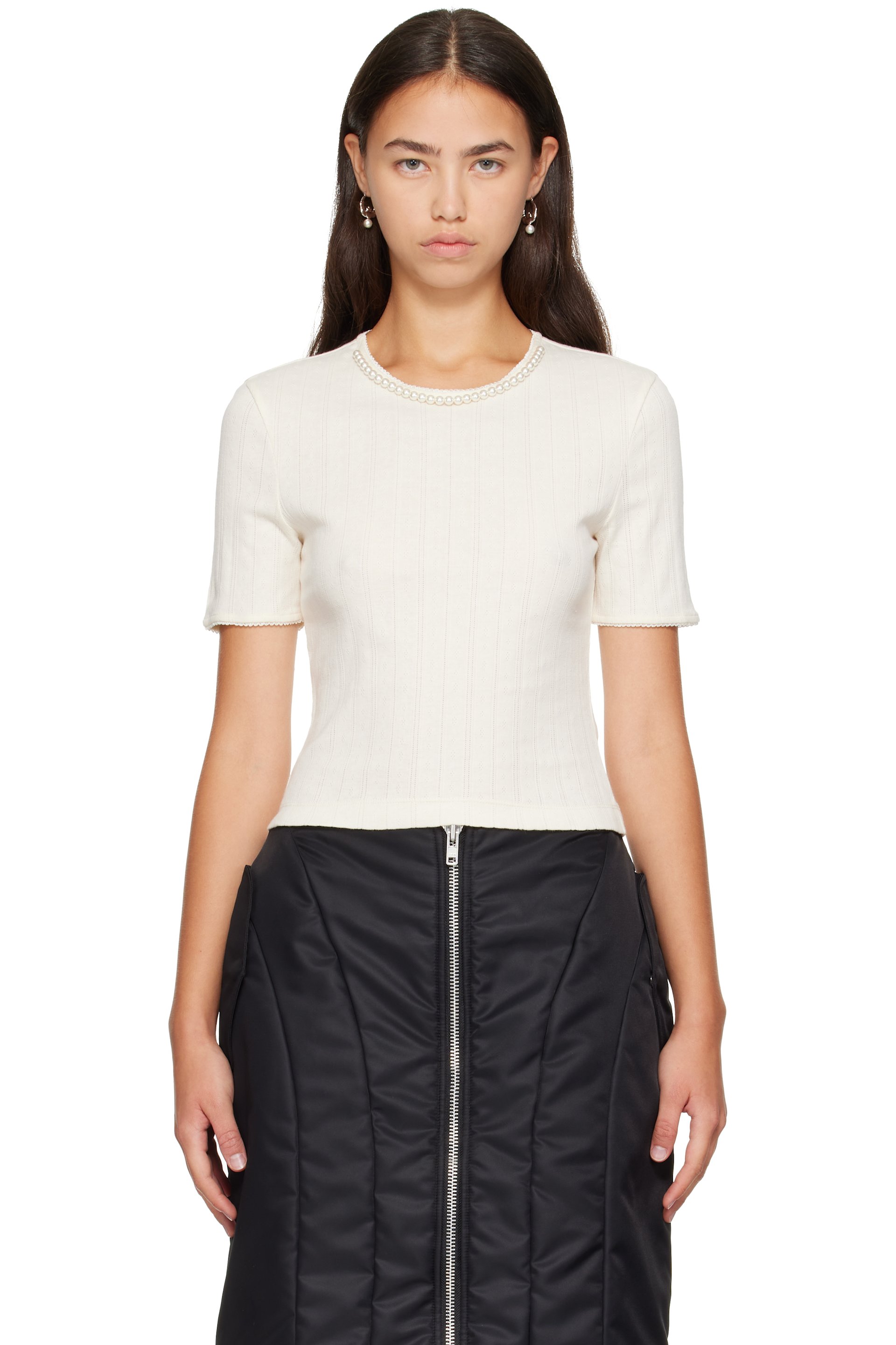 Simone Rocha - T-shirt écourté blanc cassé en pointelle