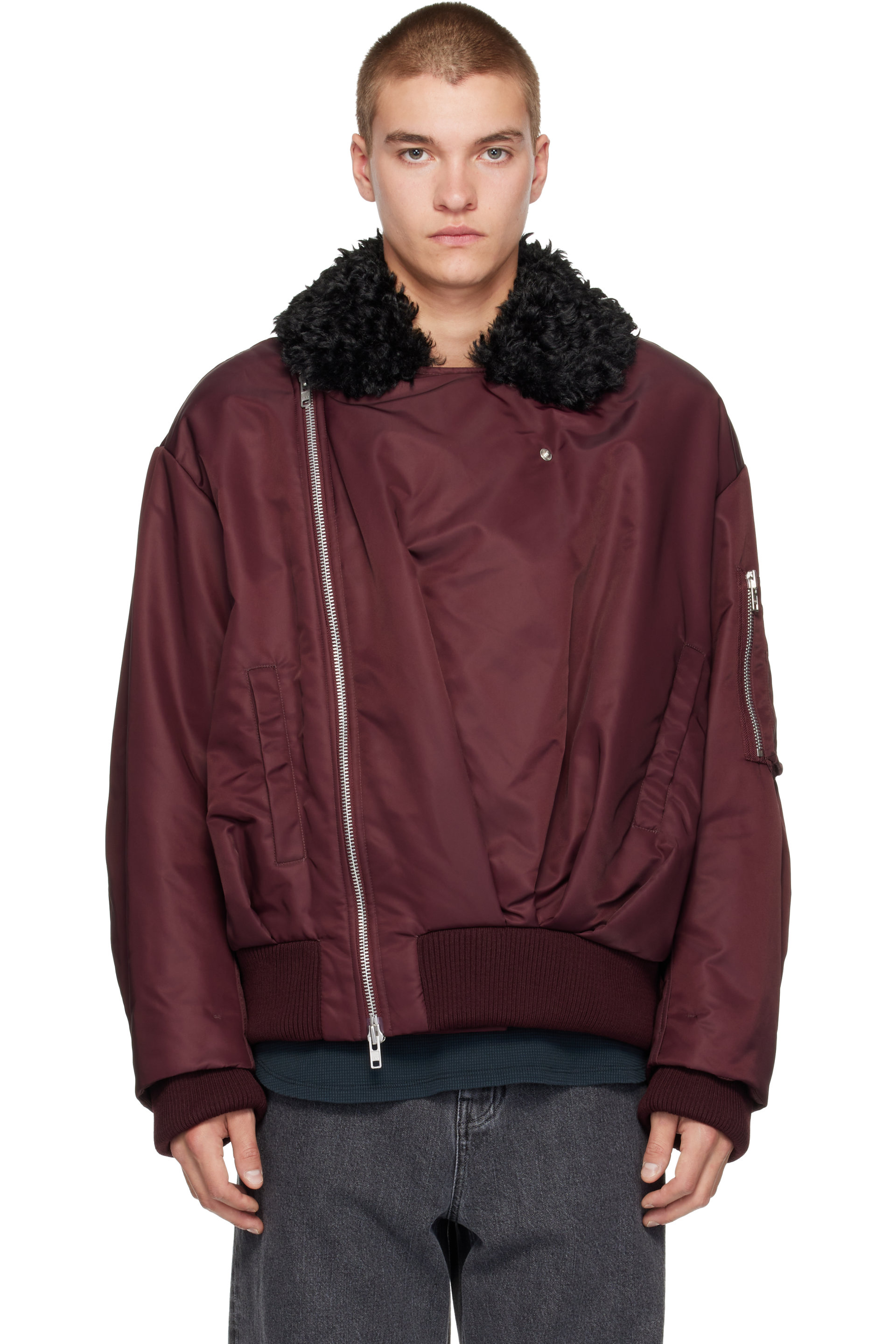 Simone Rocha - Burgundy Draped Faux Fur Bomber Jacket