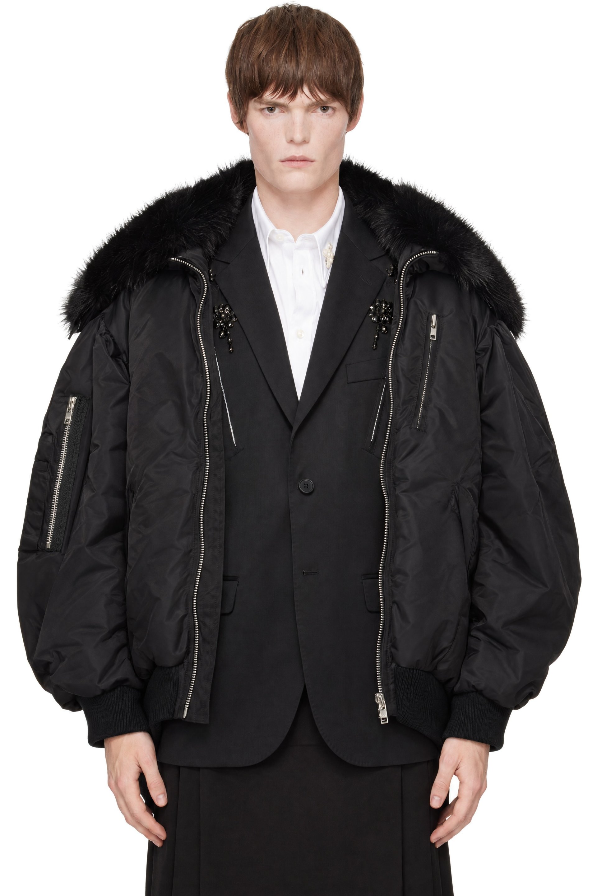 Simone Rocha - Black Oversized Split Faux Fur Hood Bomber Jacket
