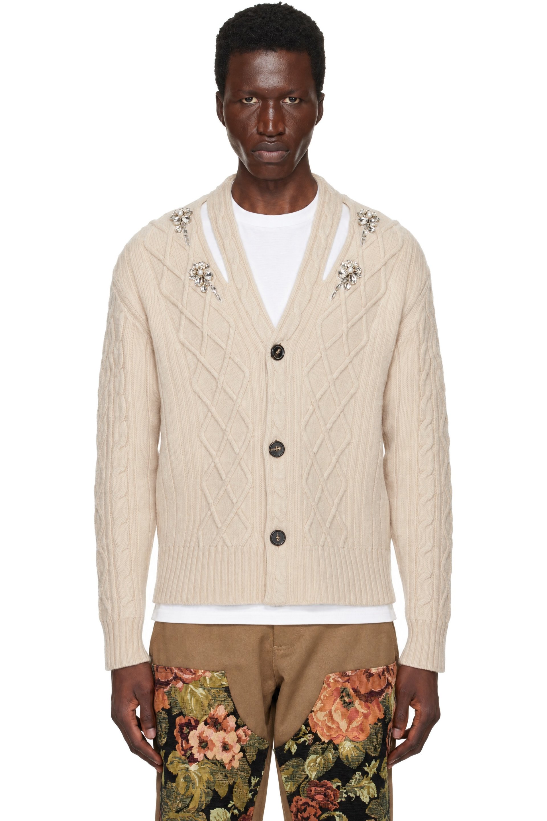 Simone Rocha - Beige Embellished Cable Knit Slash Cardigan