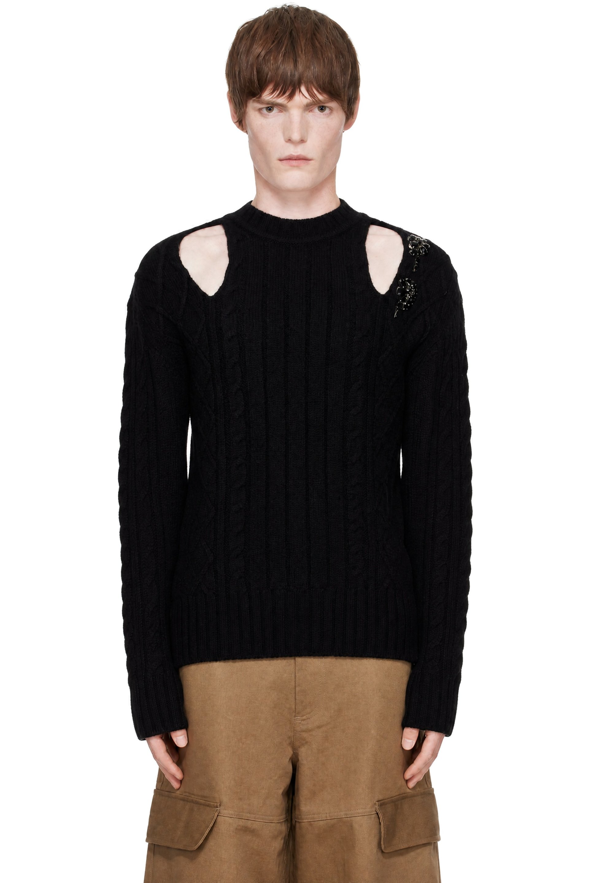 Simone Rocha - Black Embellished Cable Knit Slash Sweater