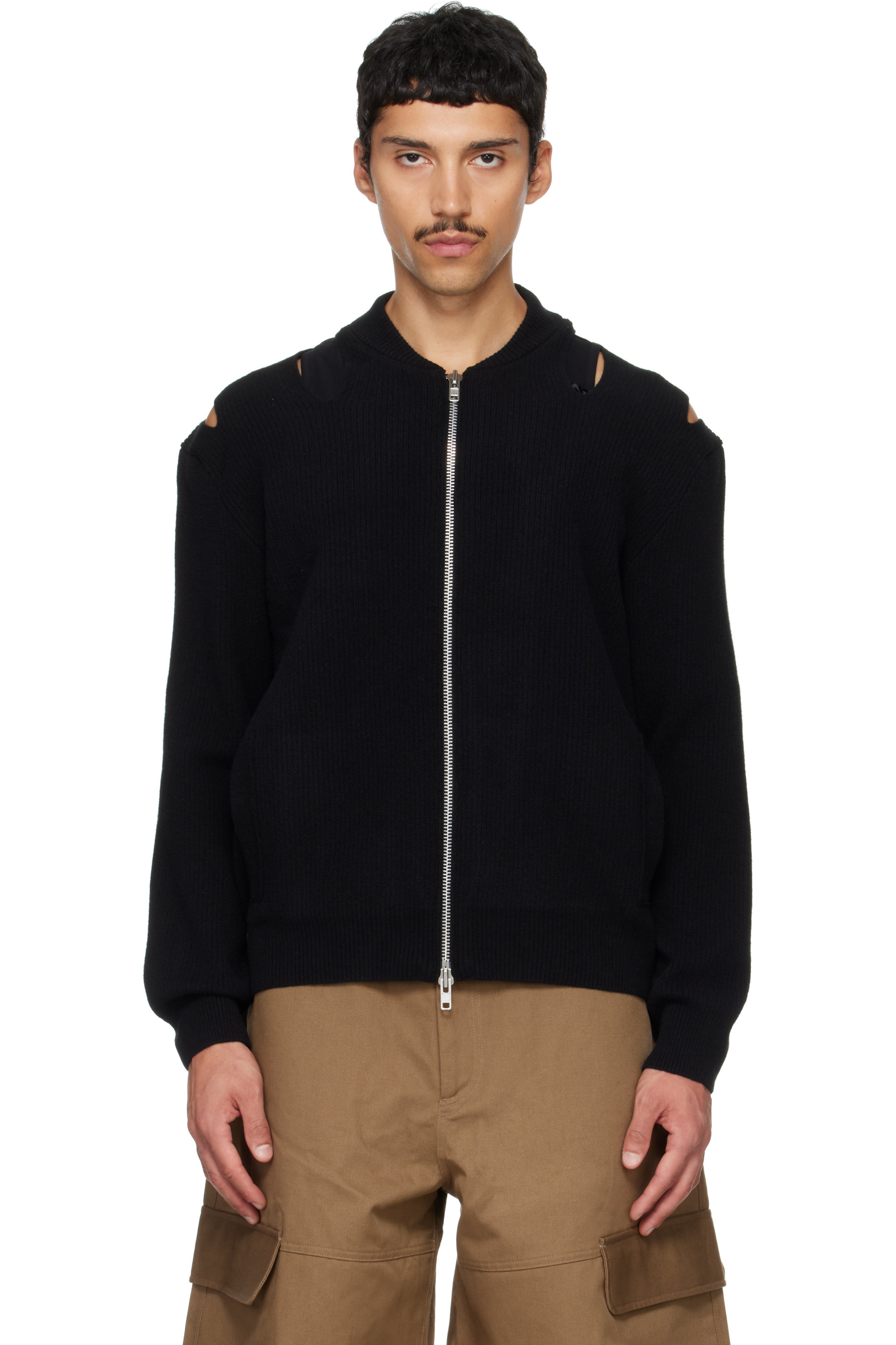 Simone Rocha - Cardigan noir en tricot côtelé à glissière