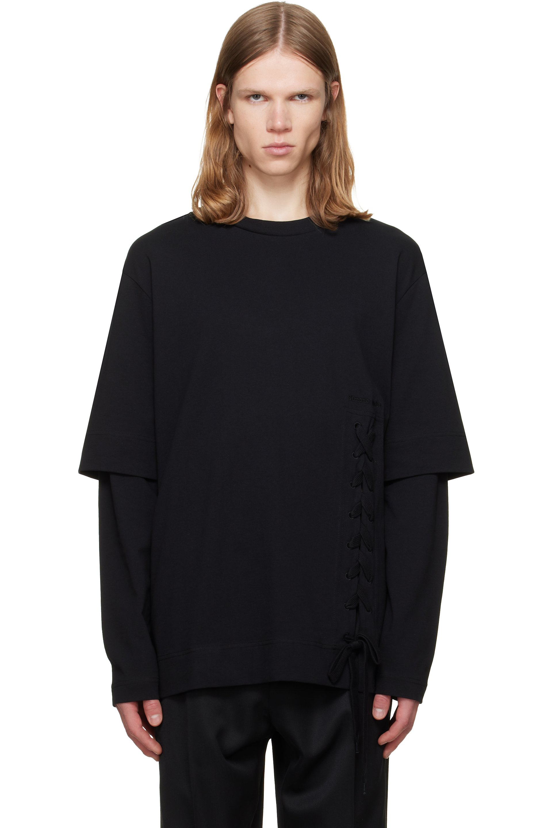 Simone Rocha - Black Lace Up Hem Layered Long Sleeve T-shirt