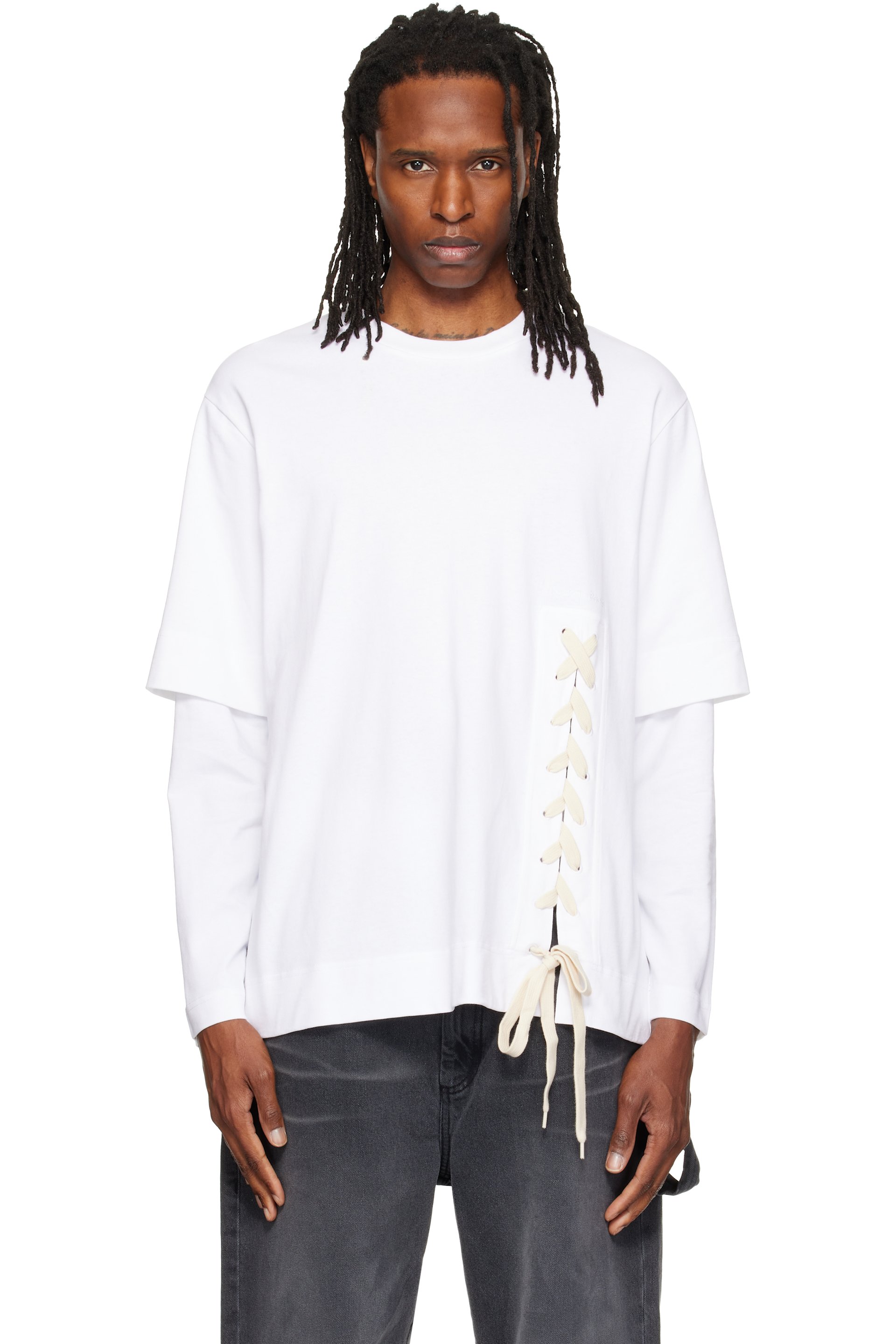 Simone Rocha - White Lace Up Hem Layered Long Sleeve T-shirt