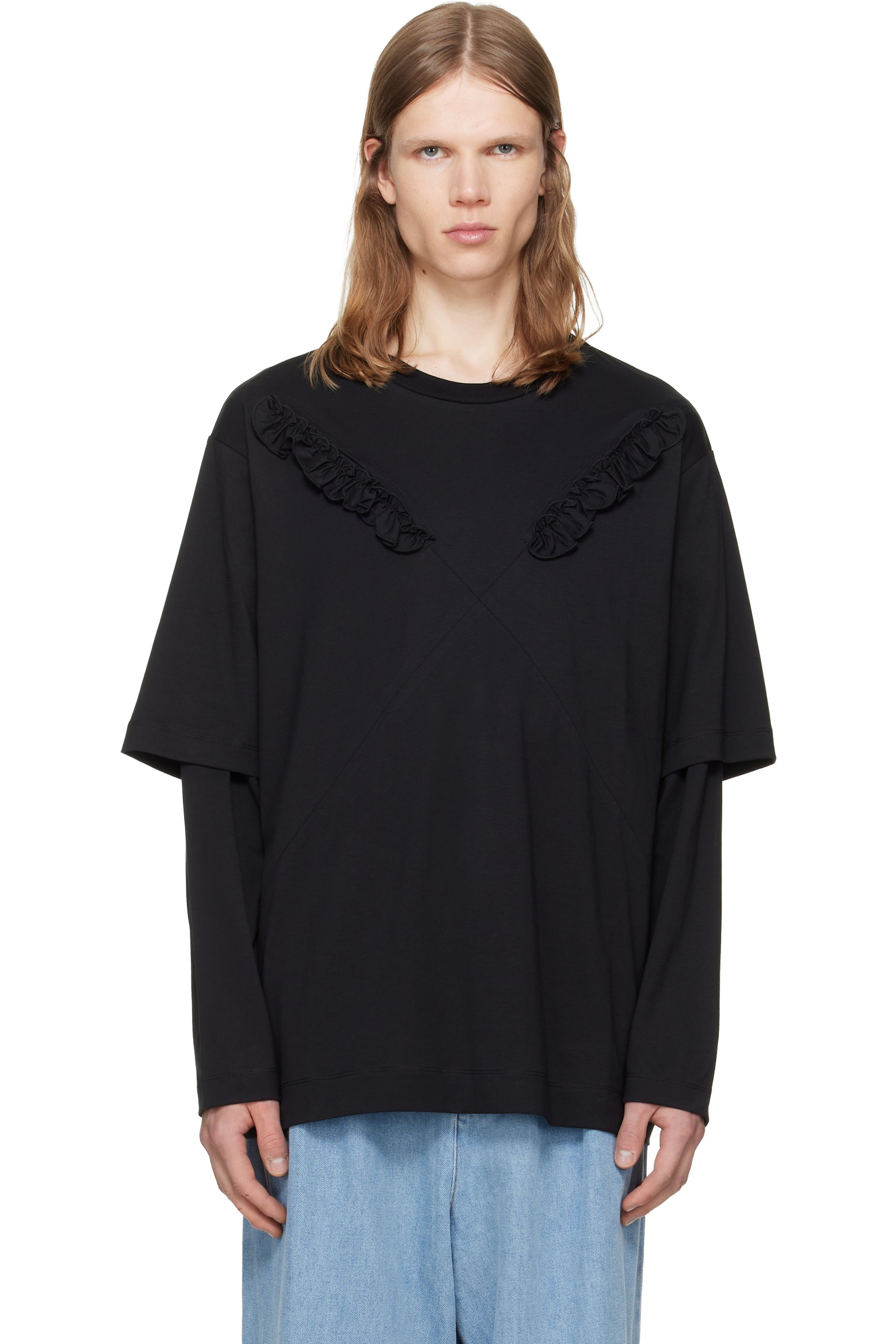 Simone Rocha - ブラック Ruffle Slash Layered 長袖Tシャツ