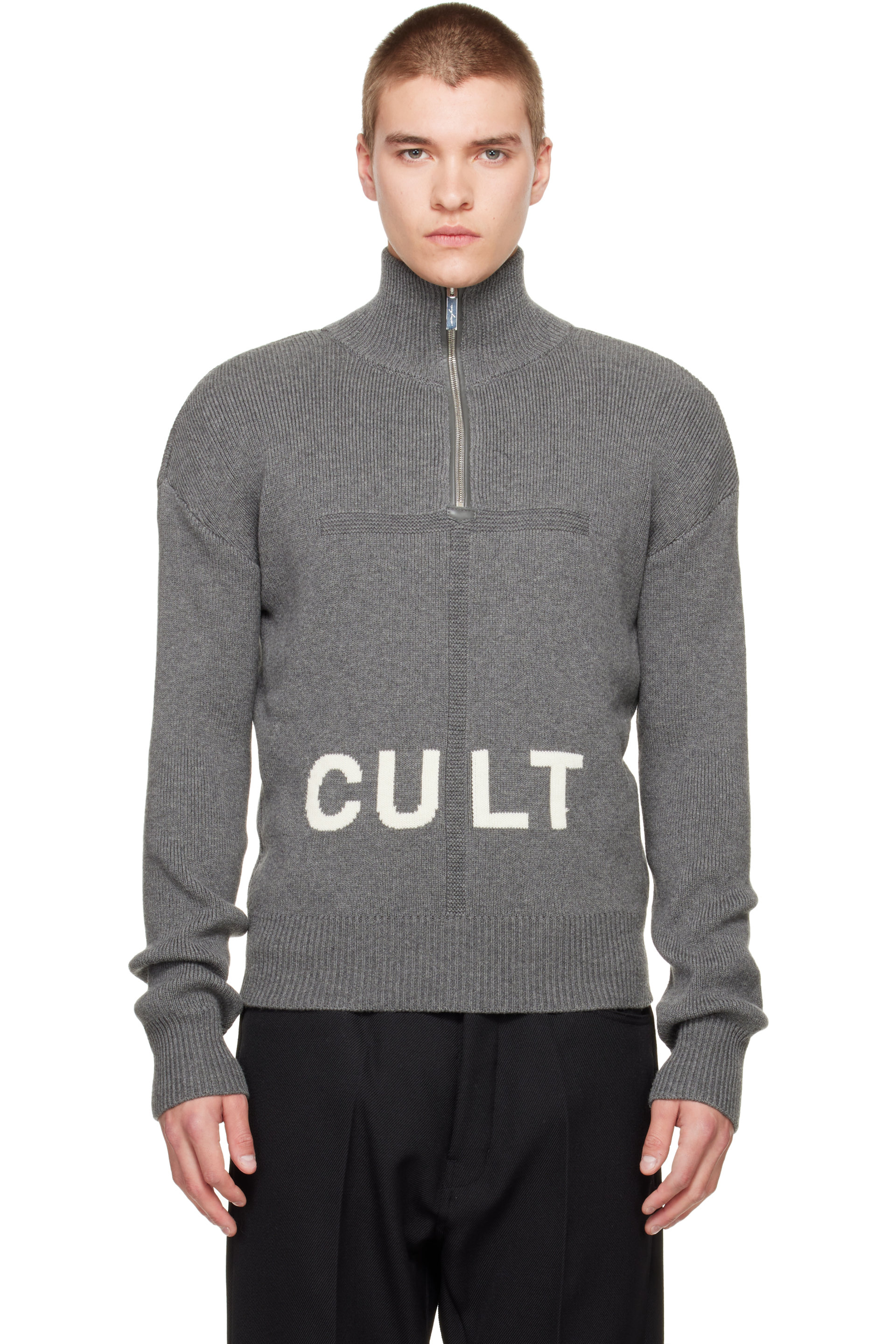 MATIÈRES FÉCALES - Gray 'Cult' Quarter-Zip Sweater