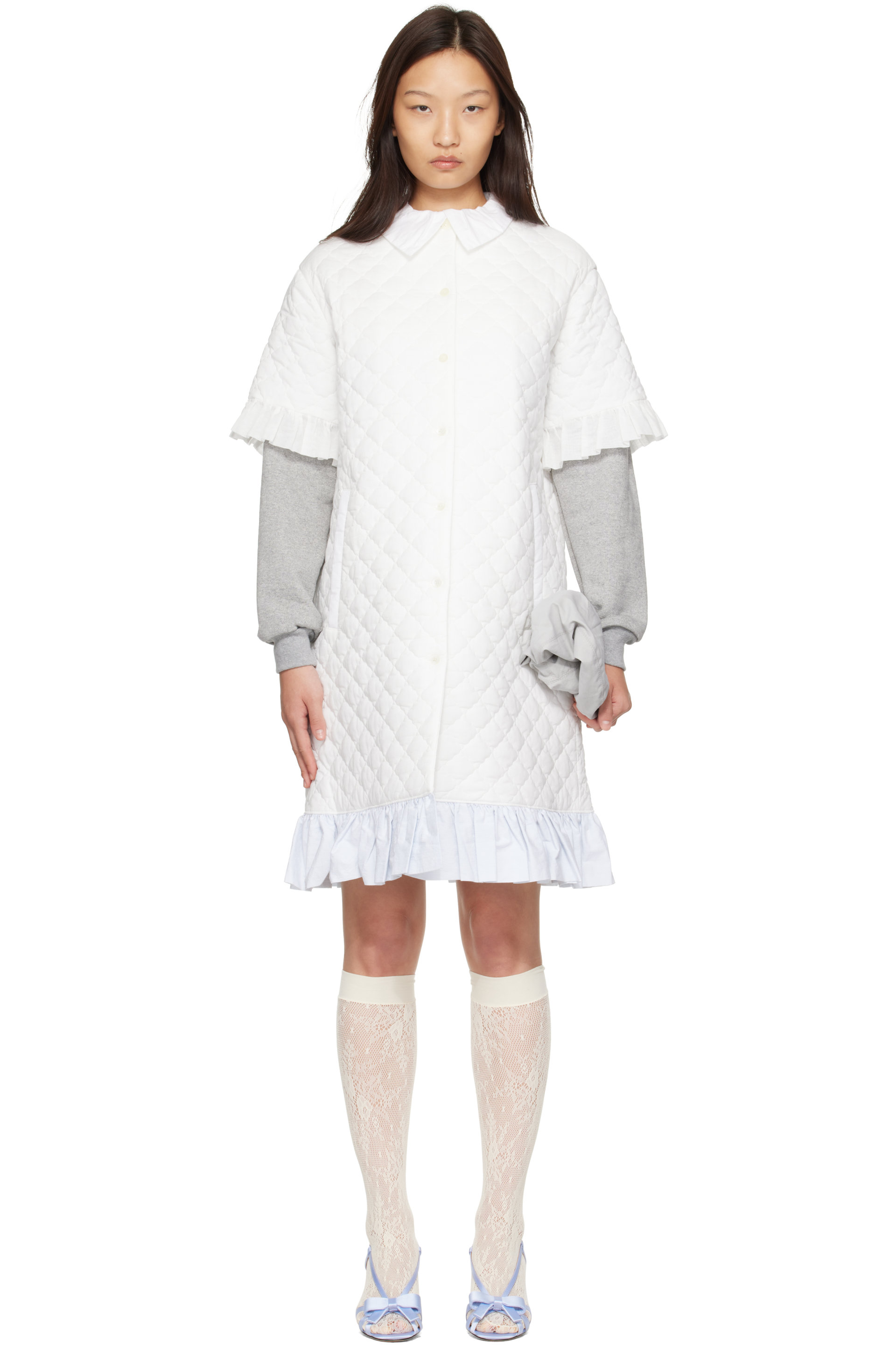 Ans Dotsloevner - White Quilting Long Coat Midi Dress