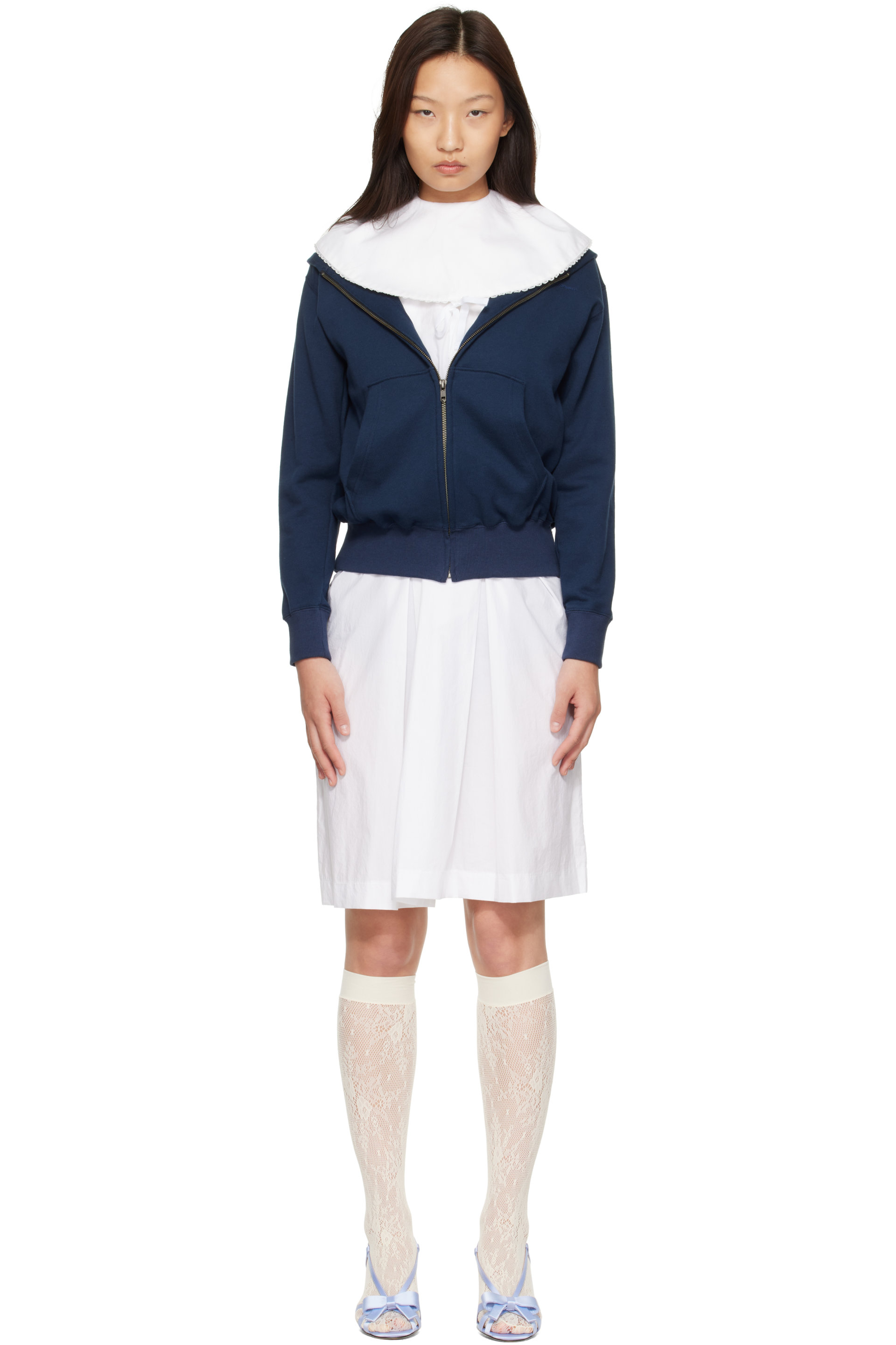 Ans Dotsloevner - White & Navy Docking Plated Collar Midi Dress Set