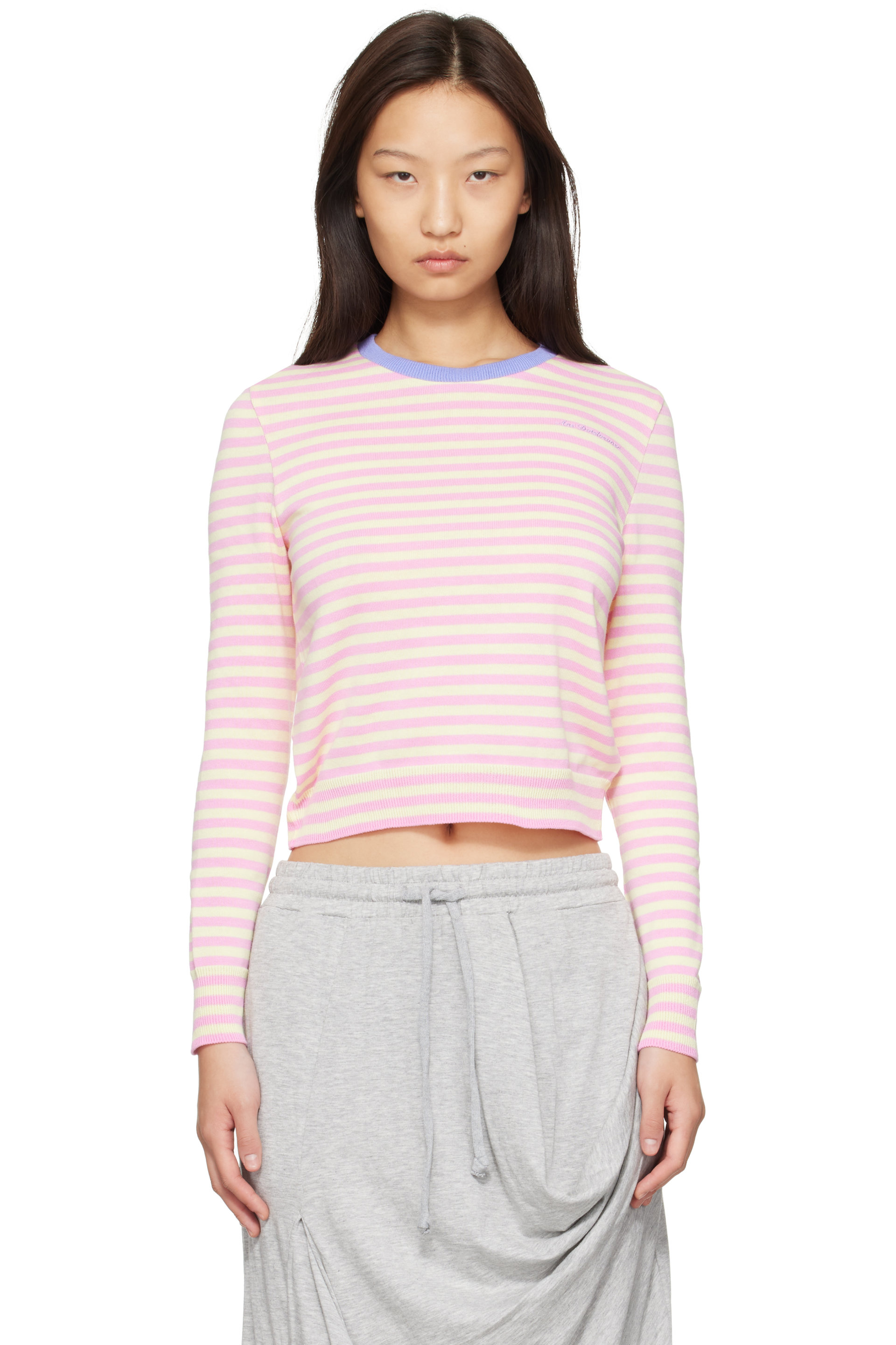 Ans Dotsloevner - Pink & Yellow Knitted Striped Long Sleeve Sweater