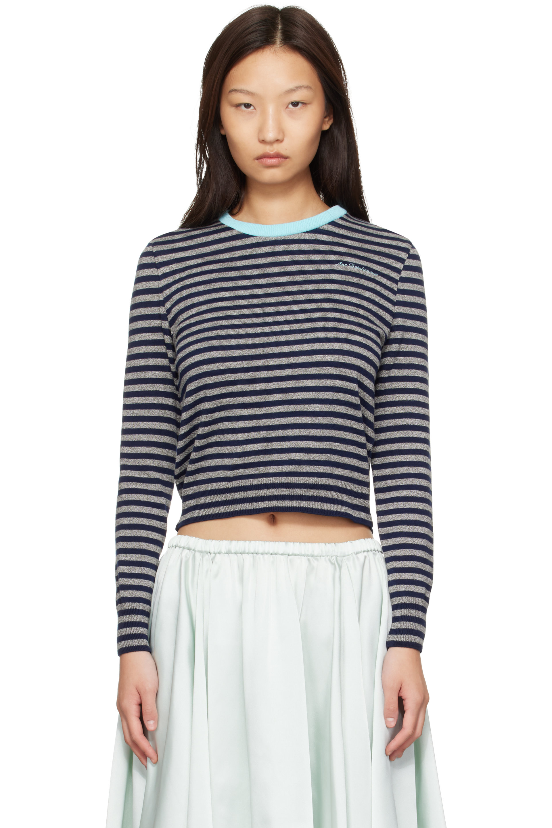 Ans Dotsloevner - Gray & Navy Knitted Striped Long Sleeve Sweater