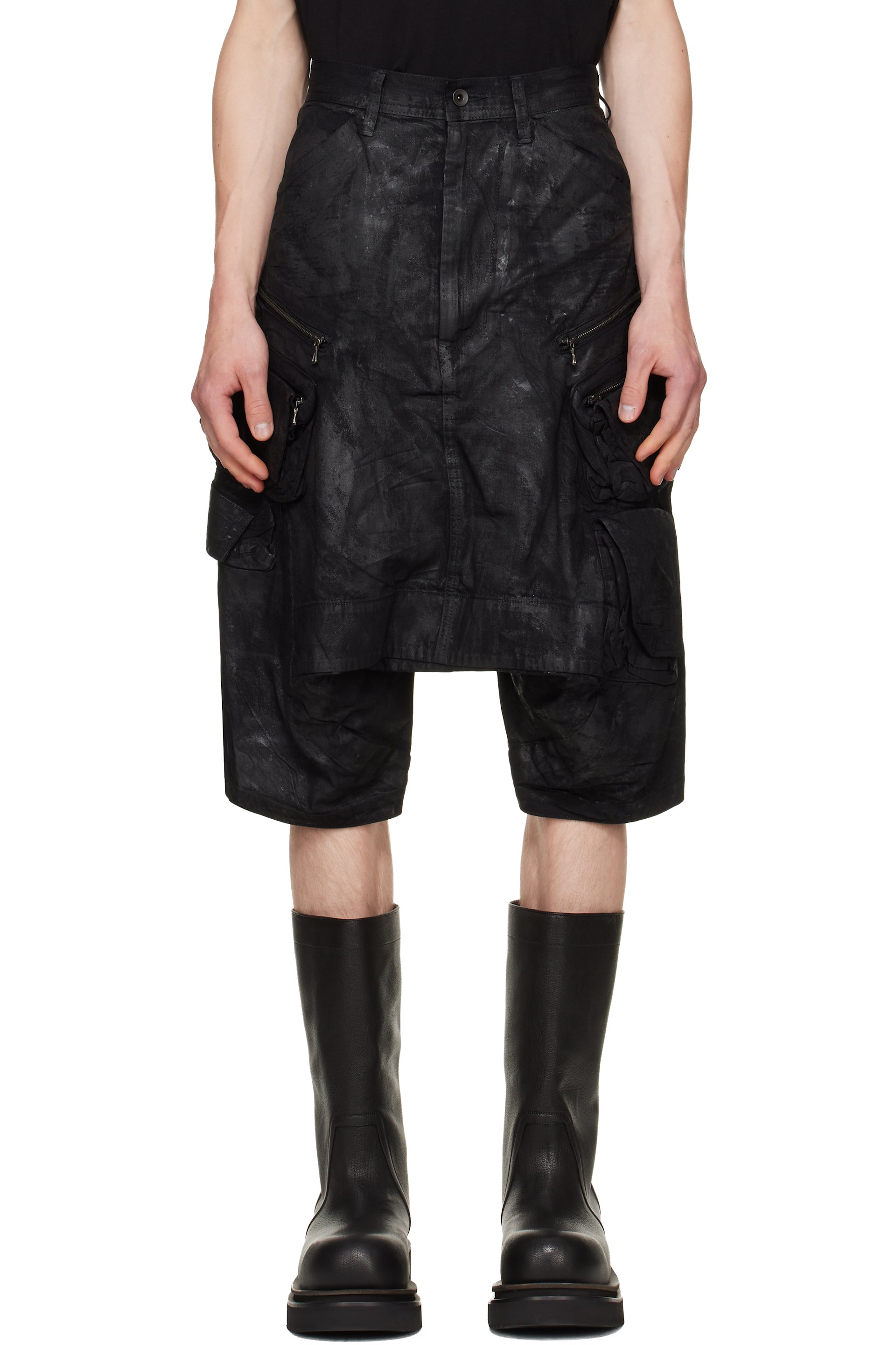 Julius - Black Coated Tactical Kite Denim Shorts